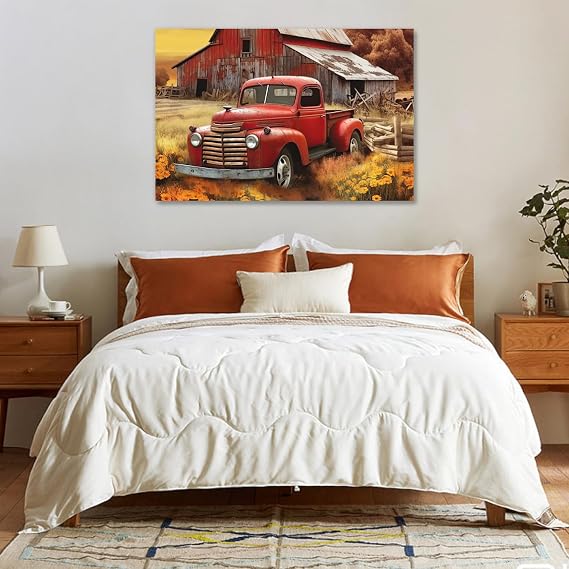 Farmhouse Canvas Wall Art Rustic Old Truck with Barn Picture Print Country Landscape Painting Vintage Artwork for Living Room Bathroom Home Office Decor Framed(Art-5,12.00x18.00)