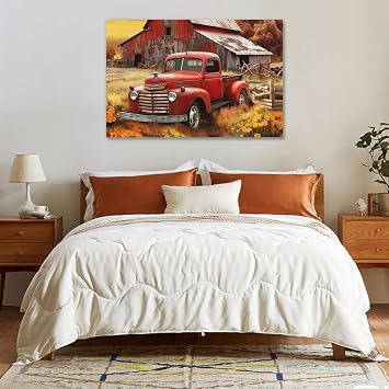 Farmhouse Canvas Wall Art Rustic Old Truck with Barn Picture Print Country Landscape Painting Vintage Artwork for Living Room Bathroom Home Office Decor Framed(Art-5,12.00x18.00)