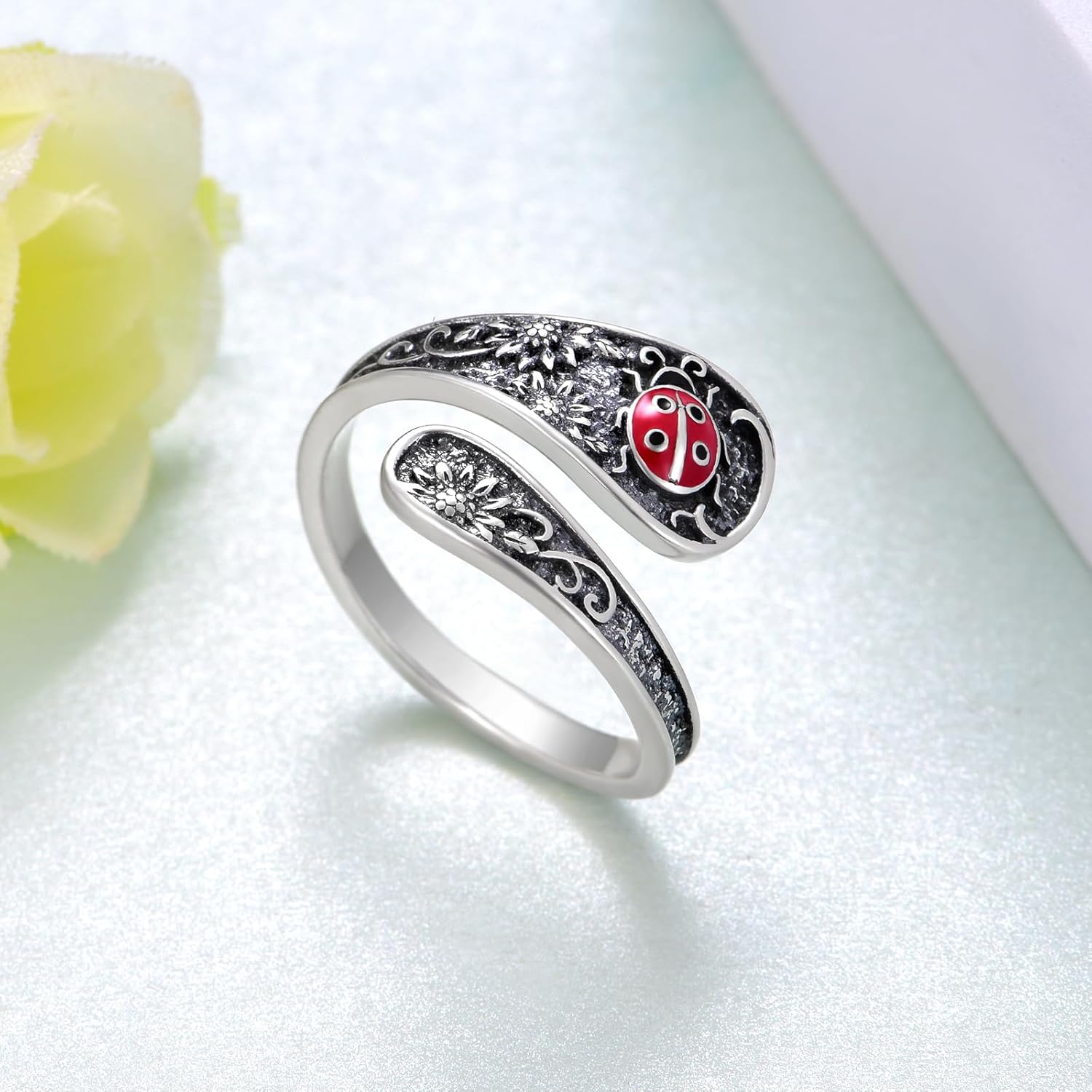 Spoon Rings 925 Sterling Silver Ladybug/Bat/Cherry Blossom/Moth/Peacock/Whale Shark/Parrot/Giraffe/Hummingbird/Octopus/Tulip/Mushroom Stuffed Animal for Women Animal Lover - Image 4