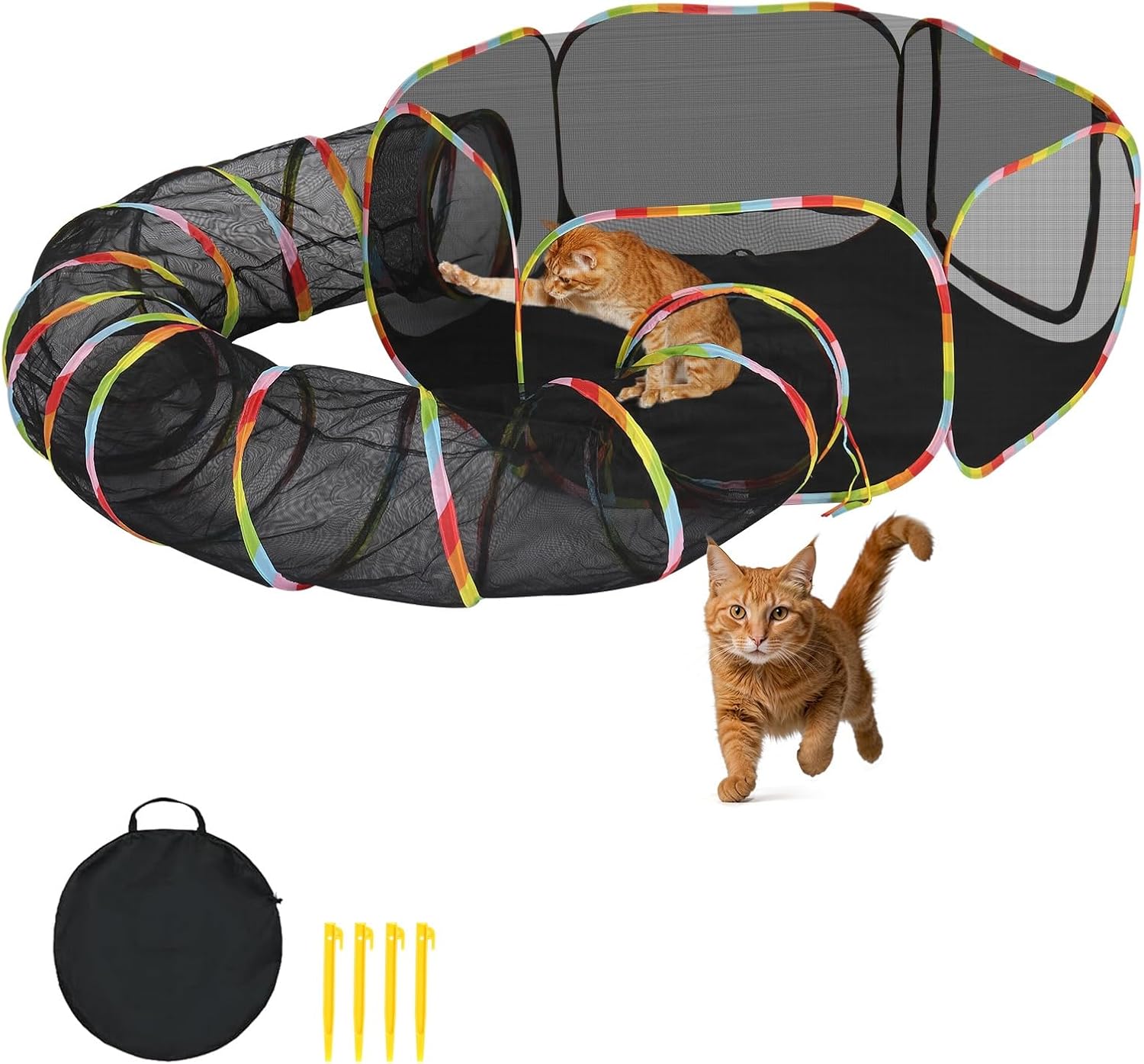 Portable Cat Enclosure - 2-in-1 Outdoor with Tent & Tunnel, Foldable Playpen for Indoor Cats, Includes Storage Bag for Cats & Small Animals Rainbow Color