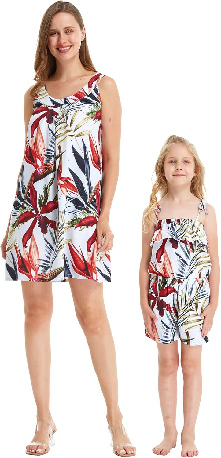 Matchable Hawaiian Luau Mother Daughter Women Round Neck Shift Dress or Girl Jumpsuit Romper in Garden at Dawn