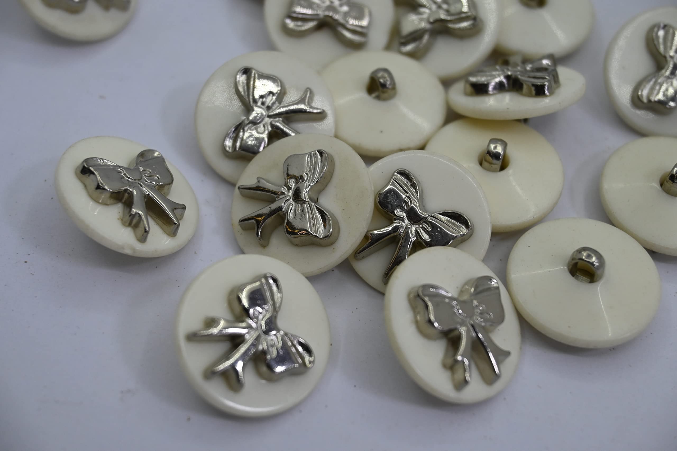 Asiatic Plastic Bow Design Round White Color Sewing Shank Buttons for Dresses/Blaser/Show Buttons/Jackets/Kurtis/Costume Also Used for Making DIY Items and Crafts 10 Pcs.