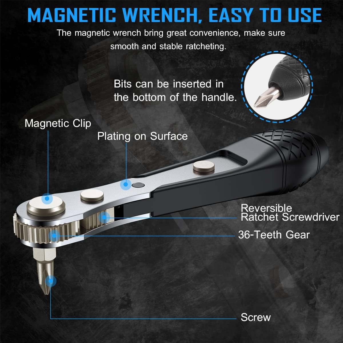 54pcs Mini Ratchet Screwdriver Set with 1/4" S2 Steel Bits, 90 Degree Right Angle Reversible Wrench 36-Tooth, 1/4" Drive Socket, Socket Adapter, Extension Bit Holder, Magnetic Bit Holder