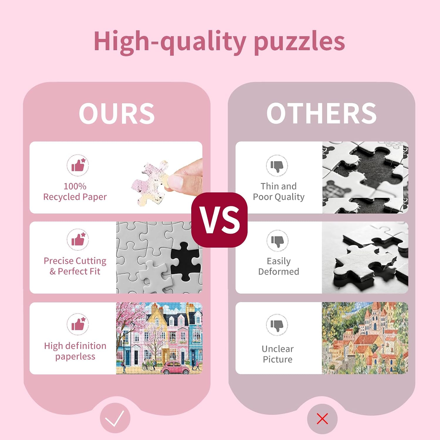 500 Piece Jigsaw Puzzle for Adults, Colorful Cherry Blossom Street with Pastel Houses and Pink Vintage Car, Cityscape Puzzle for Family Game Night and Home Decor, 20.5 x 15 in
