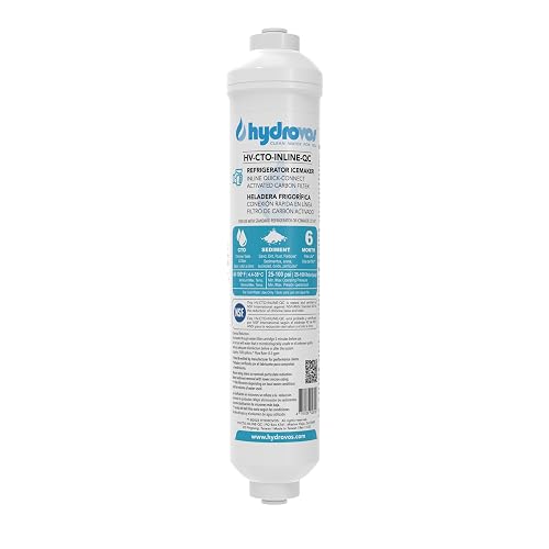 HYDROVOS Inline Water Filter for Refrigerator, Ice Maker, Reverse Osmosis System, 1/4' Push-In Quick Connect, 10' Carbon