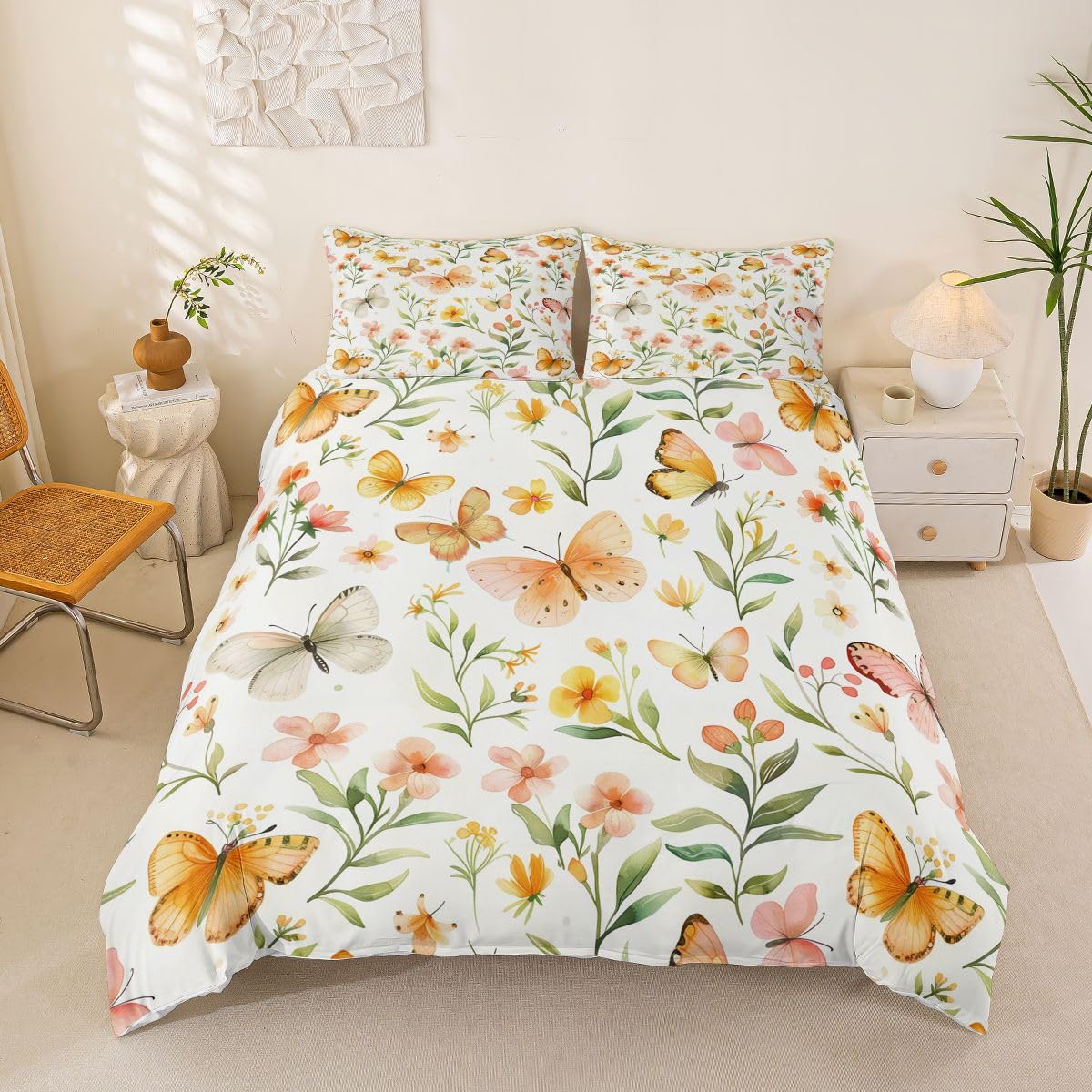 Homewish Akwarela żółty motyl podwójna poszewka na kołdrę botanicall zielone liście zestaw pościeli dla dzieci nastolatków dorosłych wiosna kwiatowy ogród poszewka na kołdrę wiejskie motyle zestawy