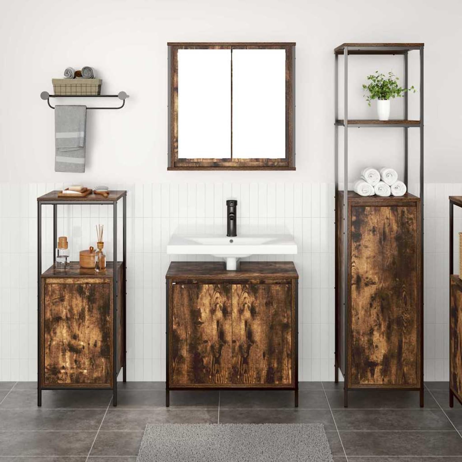 Homgoday Tocador Baño Moderno 165 cm, Armario con Espejo y Almacenamiento, Acabado Mate Roble Ahumado y Negro, Diseño Elegante y Seguro para Familias Modelo WQ1017ZJ-3328396ES
