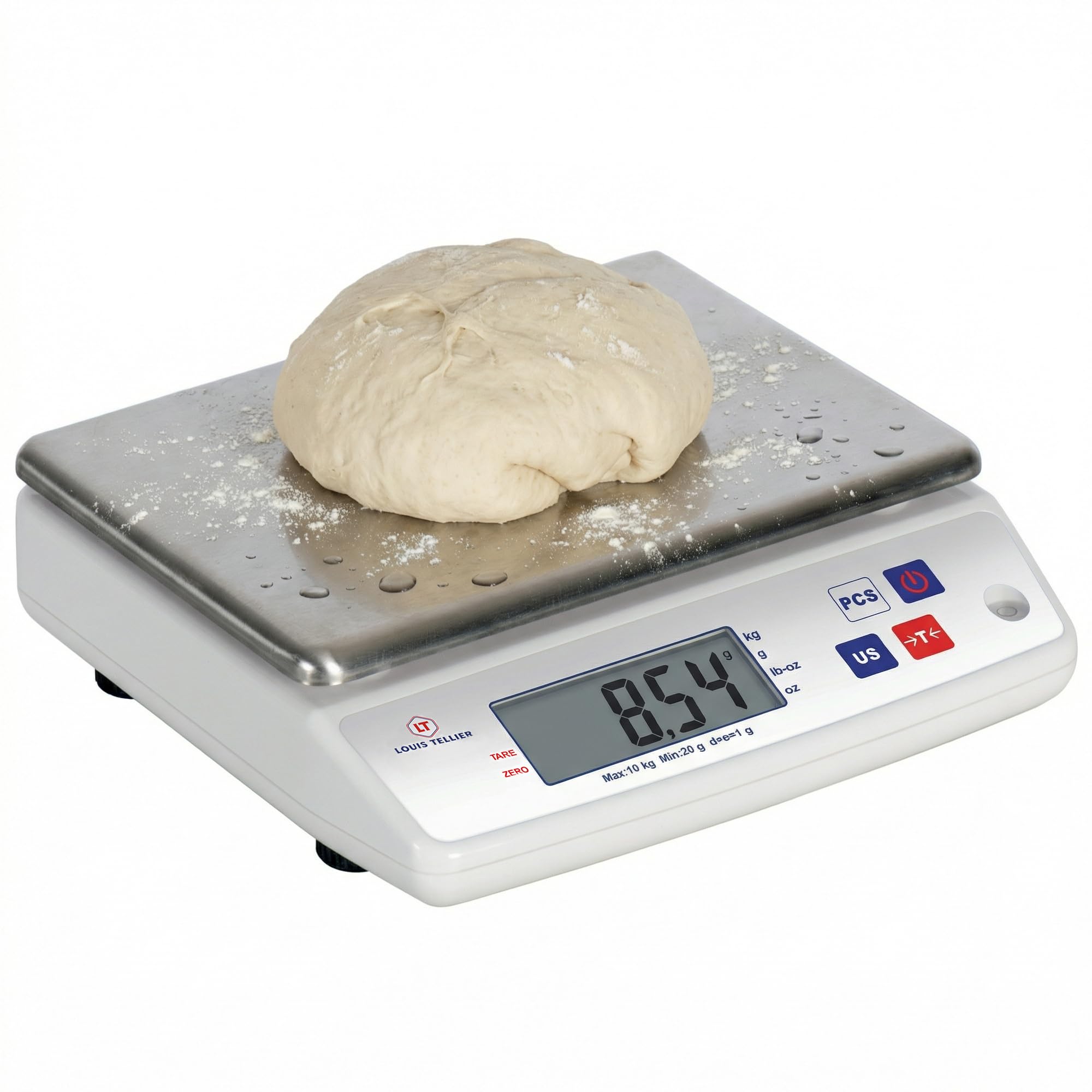 LOUIS TELLIER - Balanza Electrónica Profesional – 10 kg - IP53 - Precisión 1 g - Bandeja Extraíble de Acero Inoxidable - Cocina - Panadería – 22 x 16,5 cm