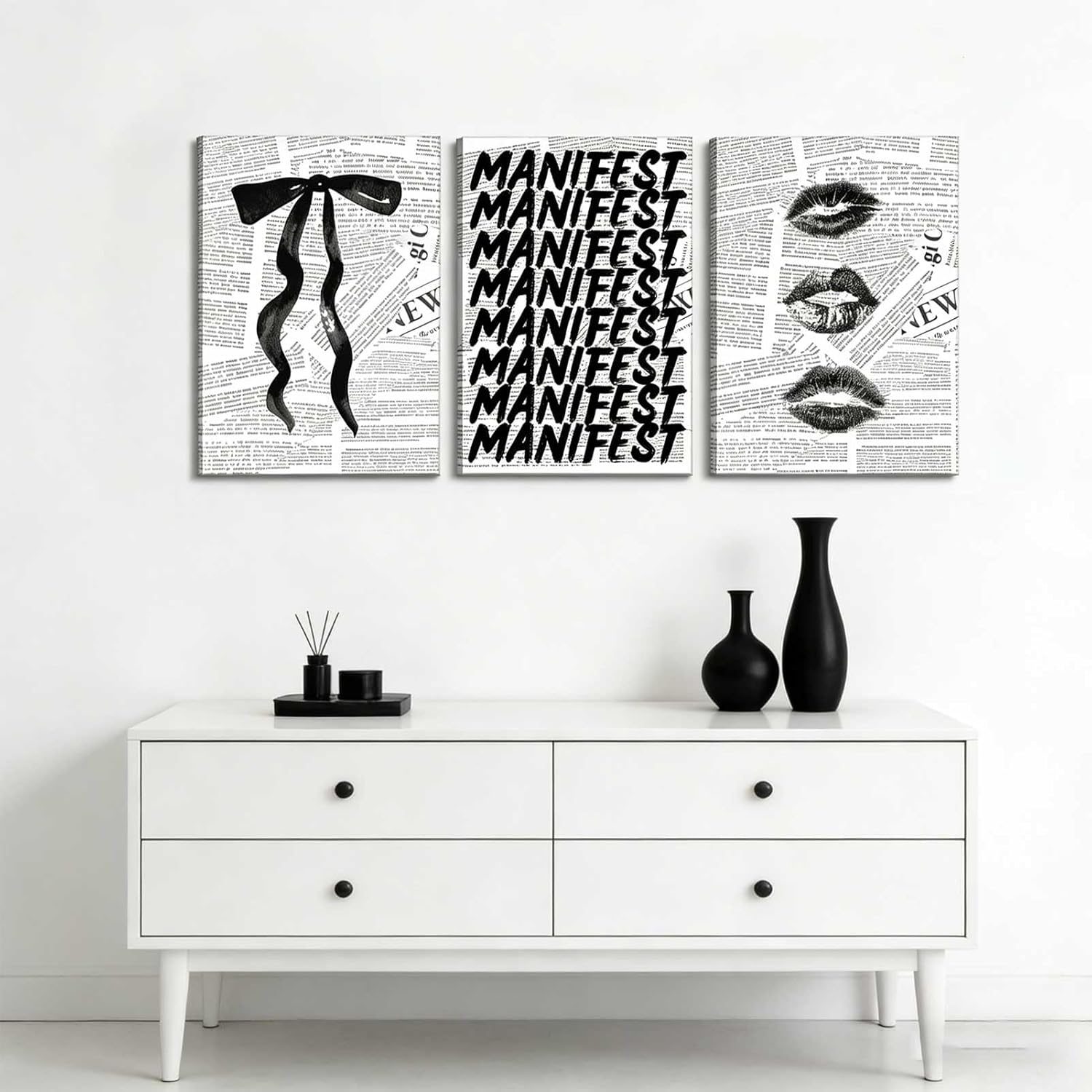 3Pcs Trendy Black and White Preppy Canvas Wall Art Retro Kiss Lips Bow and Manifest Pictures Wall Decor Funky Aesthetic Dark Coquette Posters Prints for Girly Apartment Dorm 16x24in