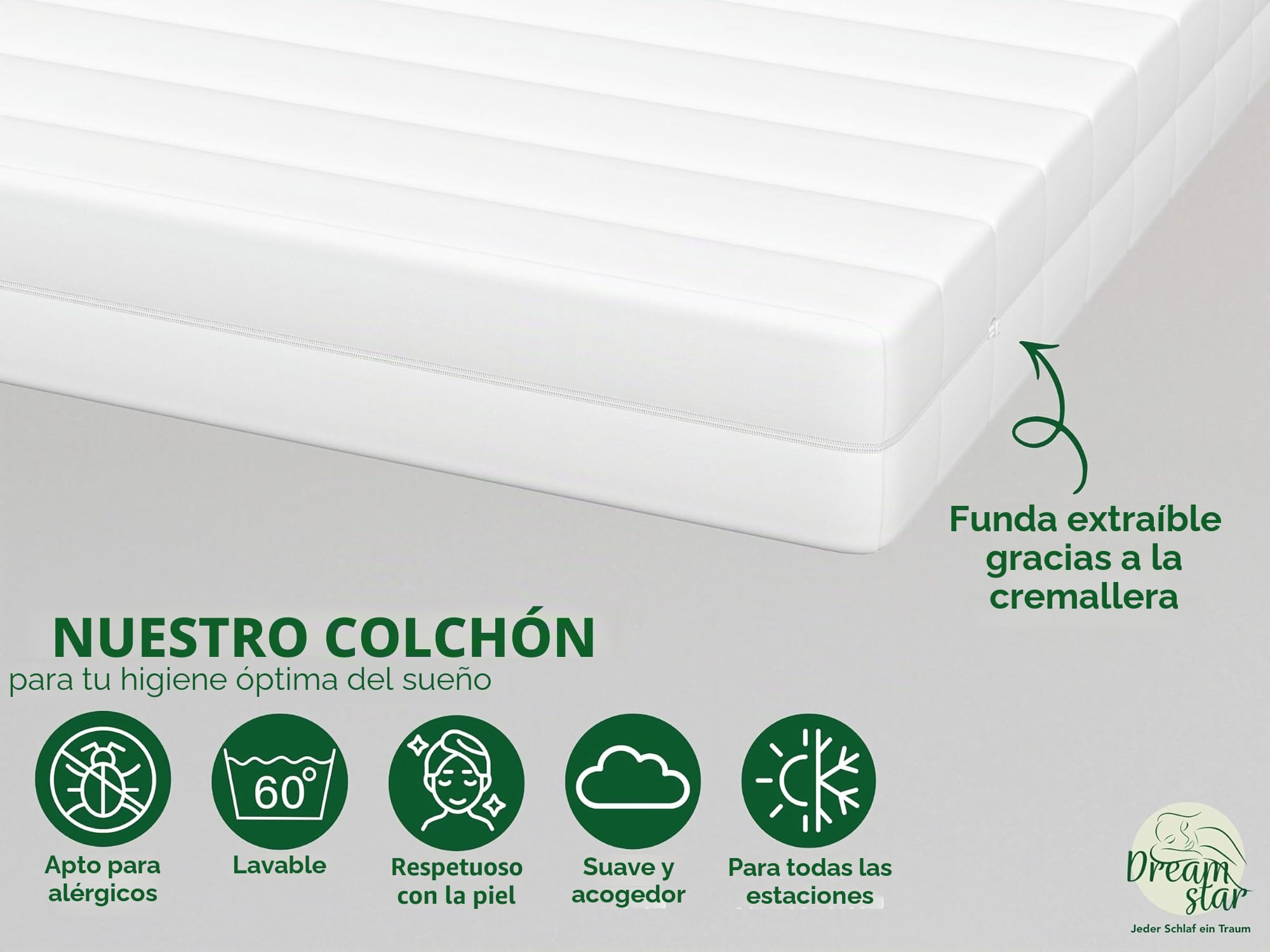 DREAMSTAR Colchón Easy Sleep 140 x 200 cm, H3 (de dureza media), colchón ergonómico de espuma fría, hipoalergénico y antibacteriano, funda extraíble y lavable, Oeko-Tex (11 cm, 140 x 200 cm)