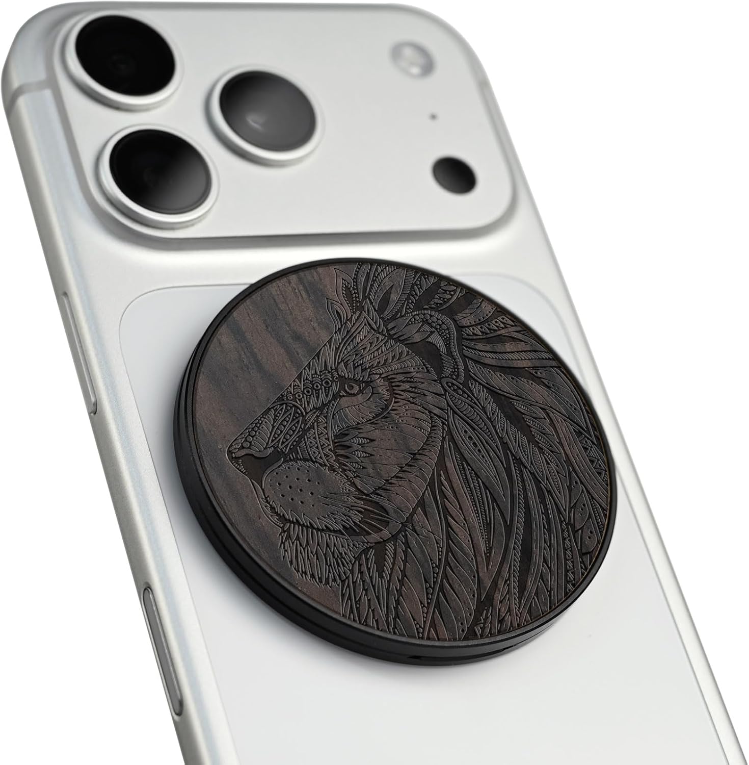 Carveit Magnetic Wood Phone Stand, Removable, Adjustable Angle Holder Compatible with MagSafe iPhone 17 Pro Max 16, 15, 14, Samsung Galaxy S26 Ultra S25, Google Pixel (Floral Vintage - Darkwood)