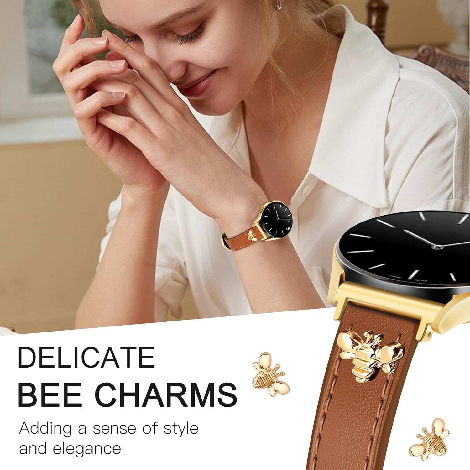 JR.DM Slim Leather-Bands with Charms Compatible Samsung Galaxy Watch 7 Band/Watch FE 6 5 4 40mm 44mm/Series 5 pro Band 45mm/Galaxy Series 6 Classic 43mm 47mm,Top Grain Genuine Leather 20mm Strap Women - Image 3