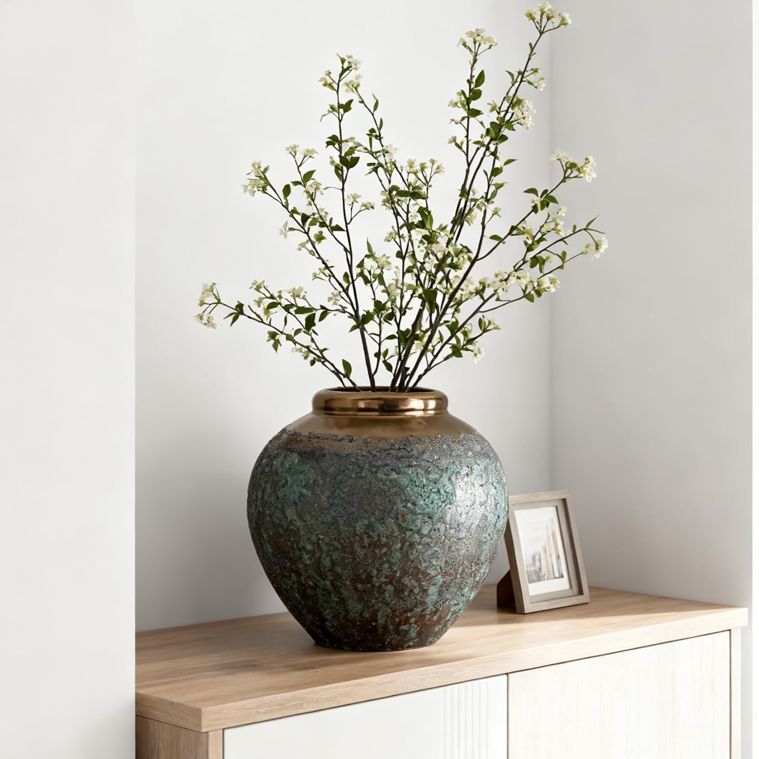 Ceramic Flower Vase, Rustic Farmhouse Flower Vase with Bronze Rim, Vintage Tall Terracotta Large Vase for Home Office Living Room, Table, Shelf, Mantel Decoration, Farmhouse