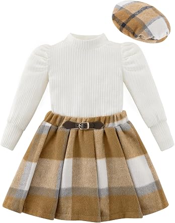 Toddler Girl Outfits Puff Sleeve Ribbed Shirt Knitted Tops Pleated Plaid Skirt Set with Hat 3Pcs Fall Winter Clothes