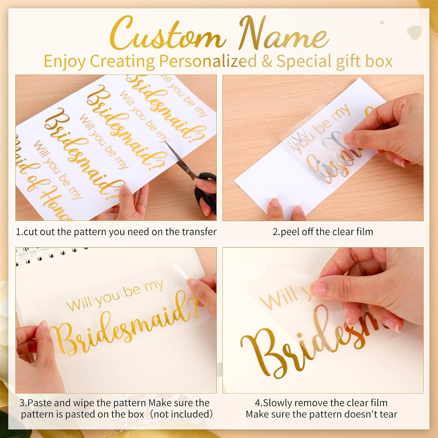 JarThenaAMCS Will You Be My Bridesmaid Transfer Stickers Maid Matron of Honor Alphabet Letter Gold Foil Name Vinyl Decals for Bridal Shower Wedding Proposal