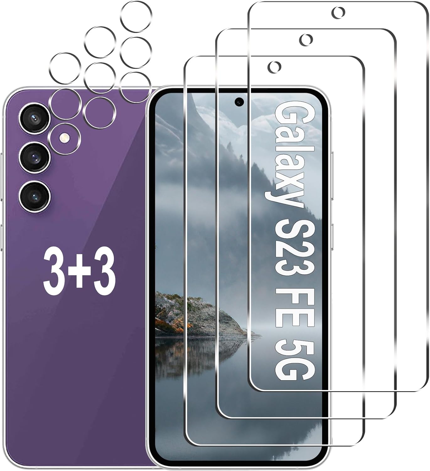 3+3 Pack Screen Protector for Samsung Galaxy S23 FE, 9H Tempered Glass with Camera Lens Protector, Fingerprint Fit, Case Friendly, Clear