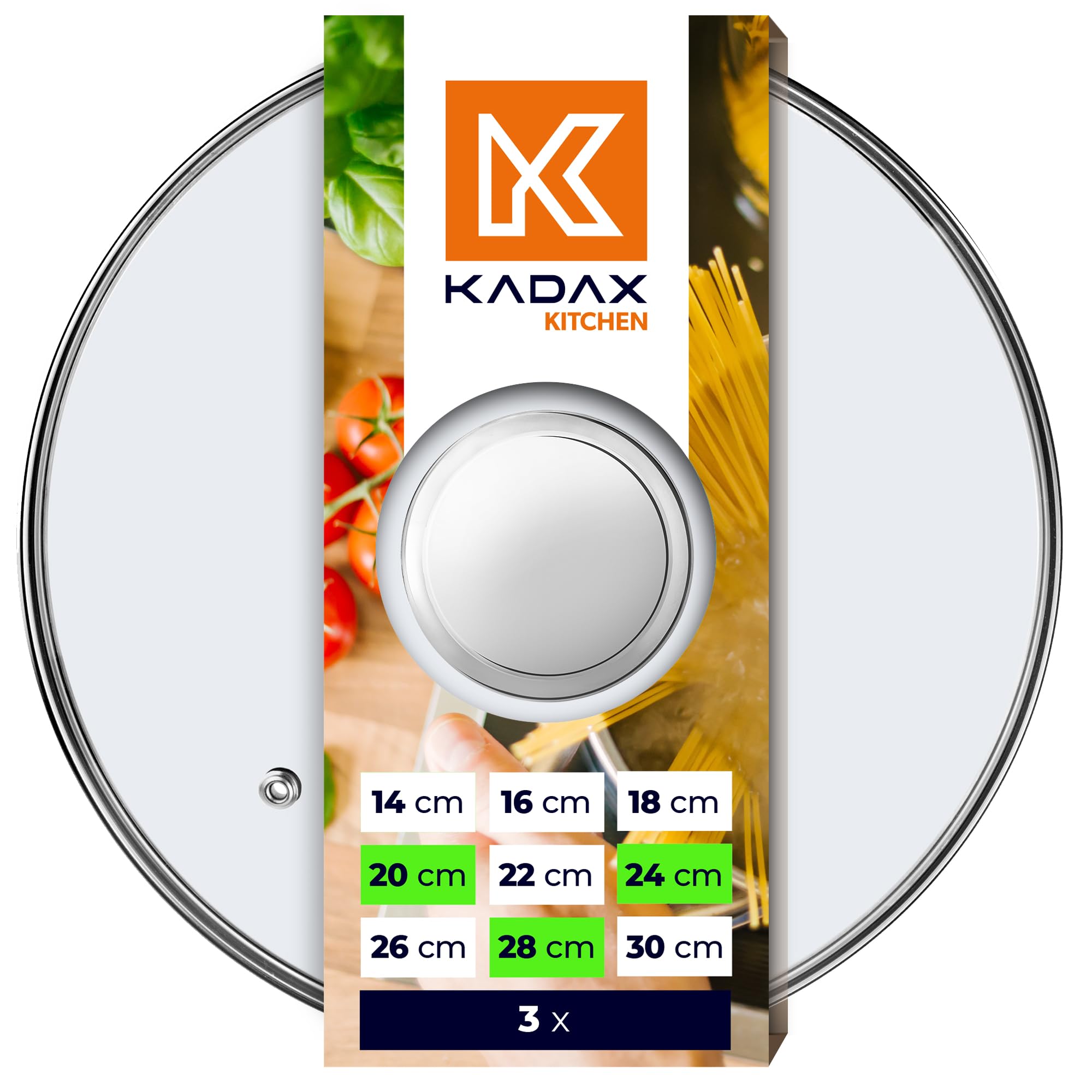 KADAX Set di coperchi universali in vetro con maniglia, set di coperchi resistenti al calore in diverse misure, coperchio in vetro per pentola, padella (20 + 24 + 28 cm, manico argento) (K8380)