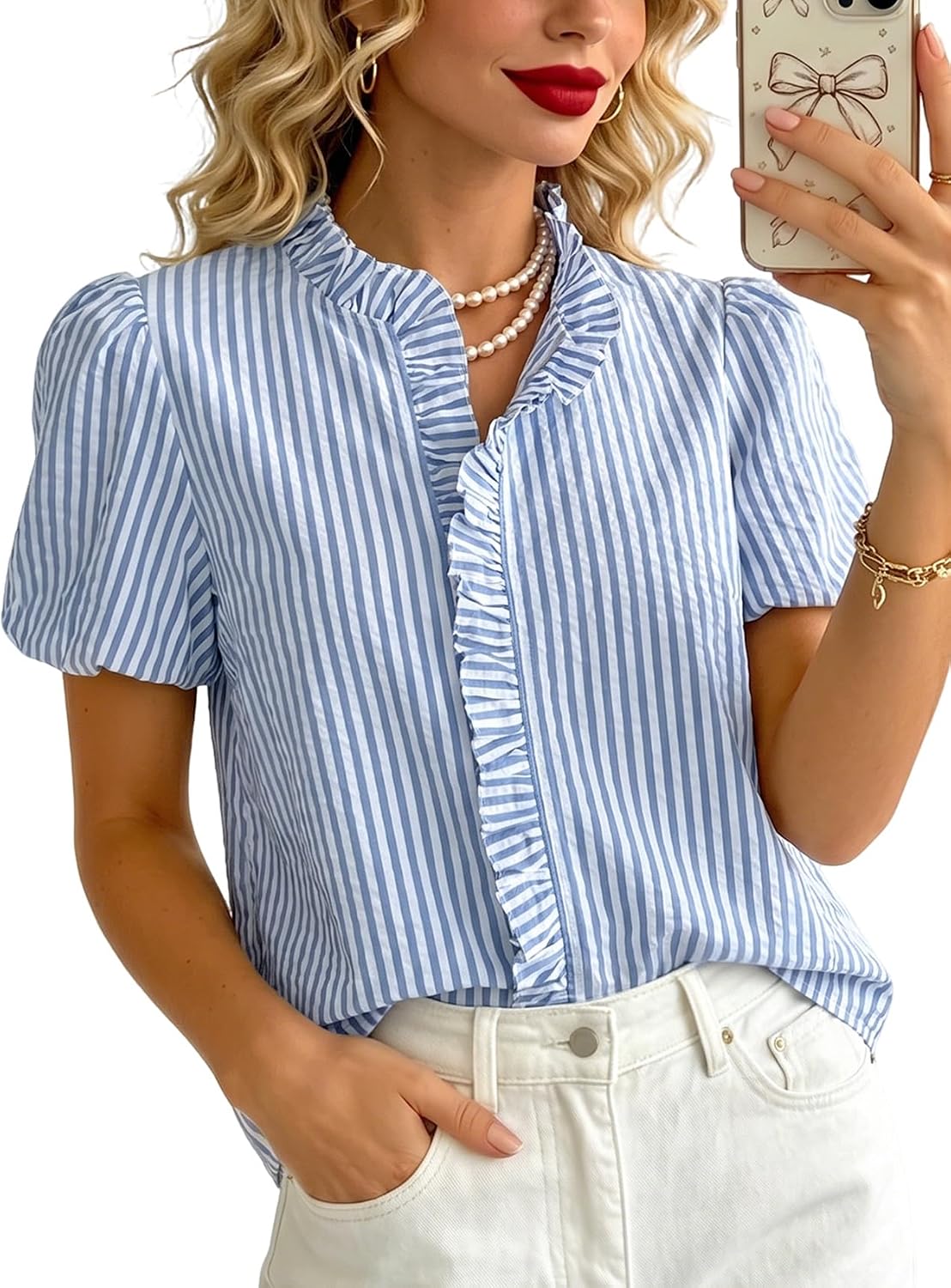 KASBAH Womens Short Puff Sleeve Shirt Summer Striped Button Down Shirt Women Puffy Sleeves Tops for Women Ruffle Tops