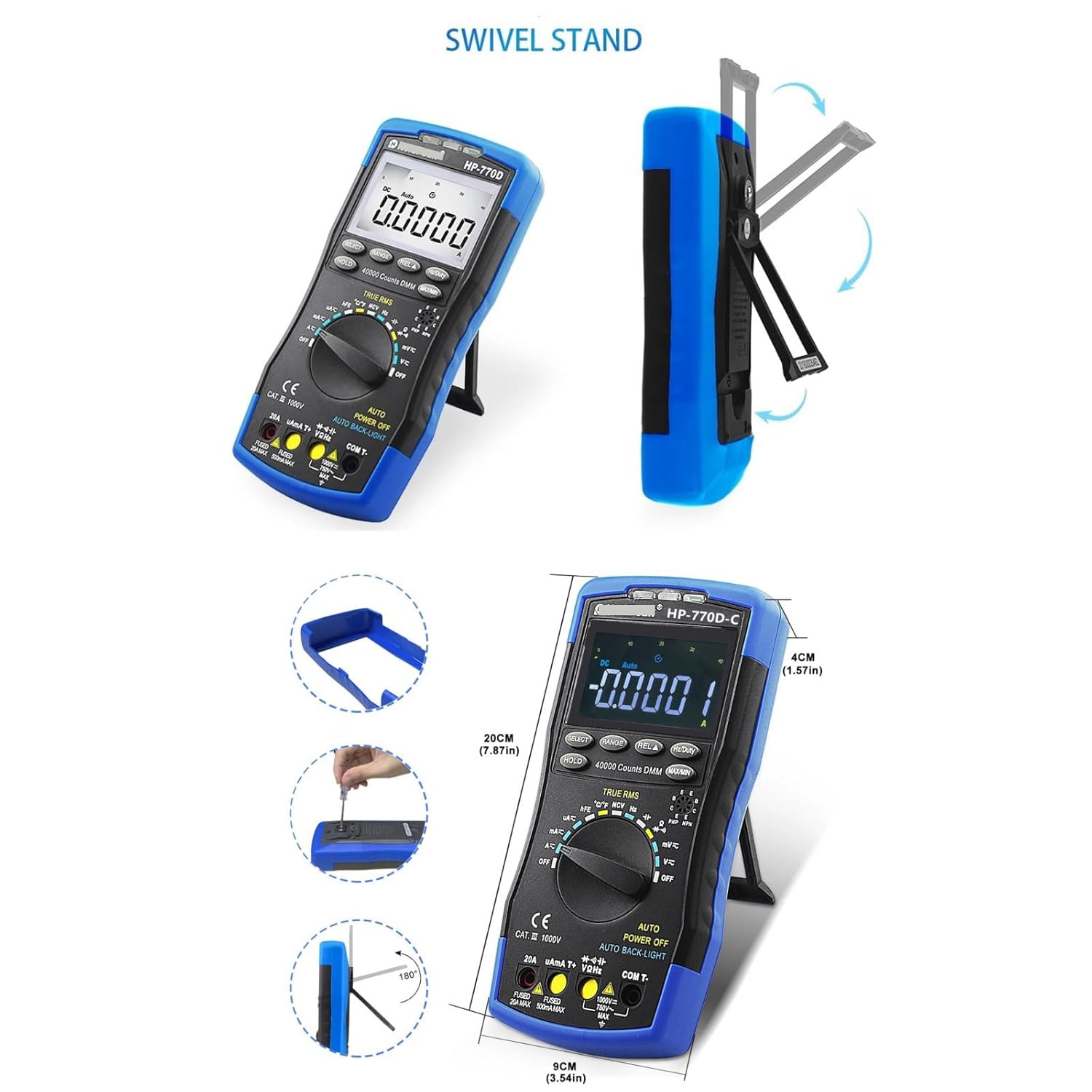 HP-770D-C Digital Multimeter showing swivel stand and dimensions.