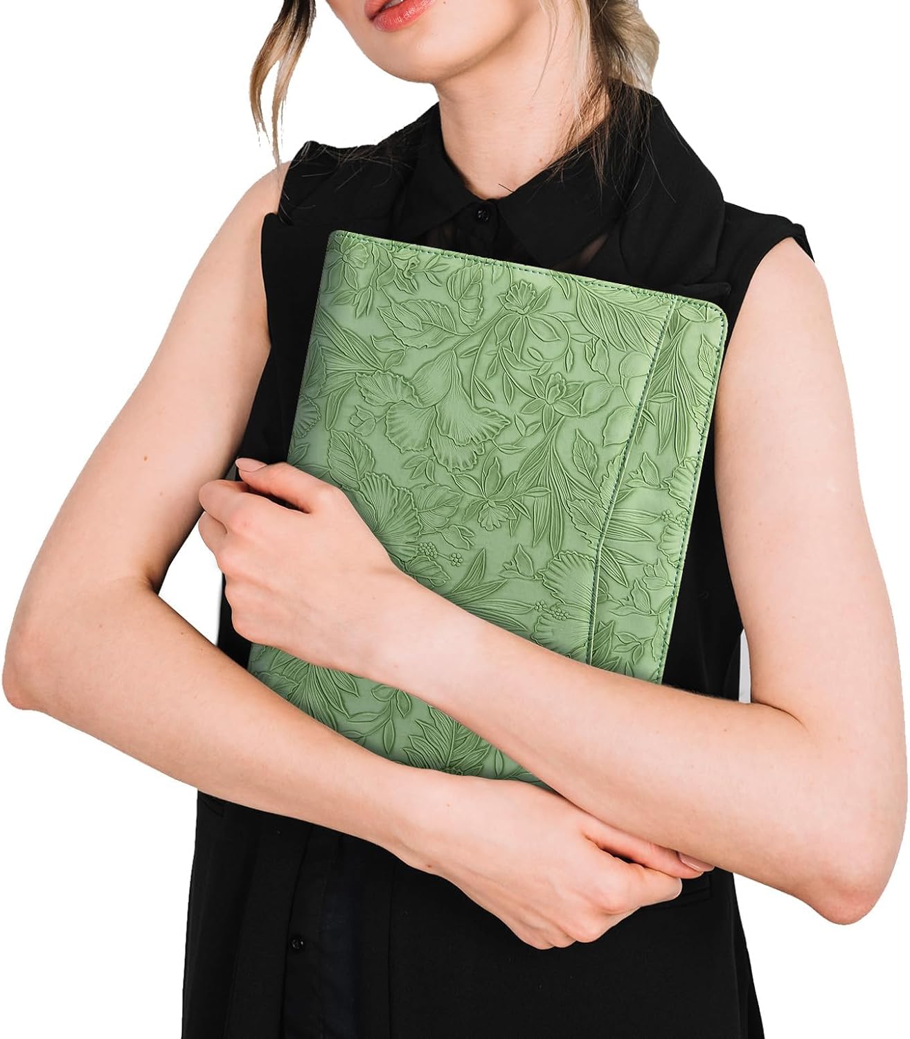 AZXCG Leather Portfolio with Zipper, Embossed PU Leather Padfolio Folio, Professional Business Document Organizer with A4 Letter Sized Writing Pad Holder(Green, Custom)