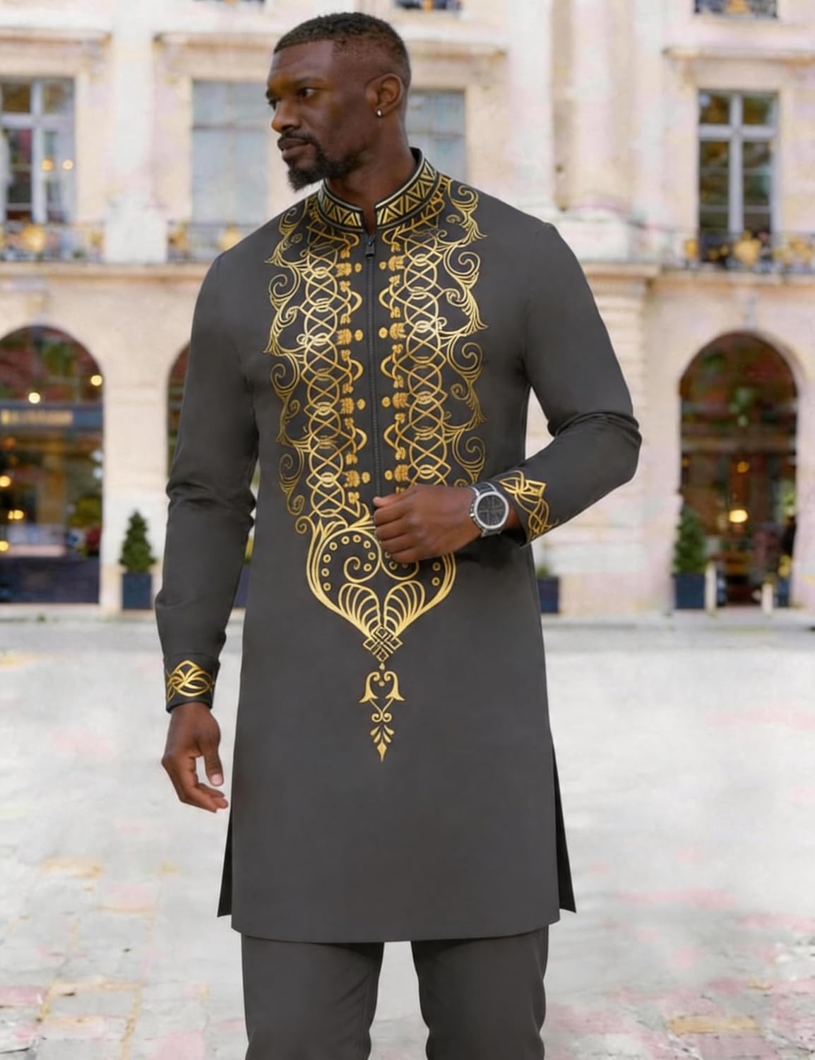 Mens African 2 Piece Set Half Zipper Nigerian Dashiki Metallic Shirt and Pants Outfit Gold Stamp Long Traditional Suit