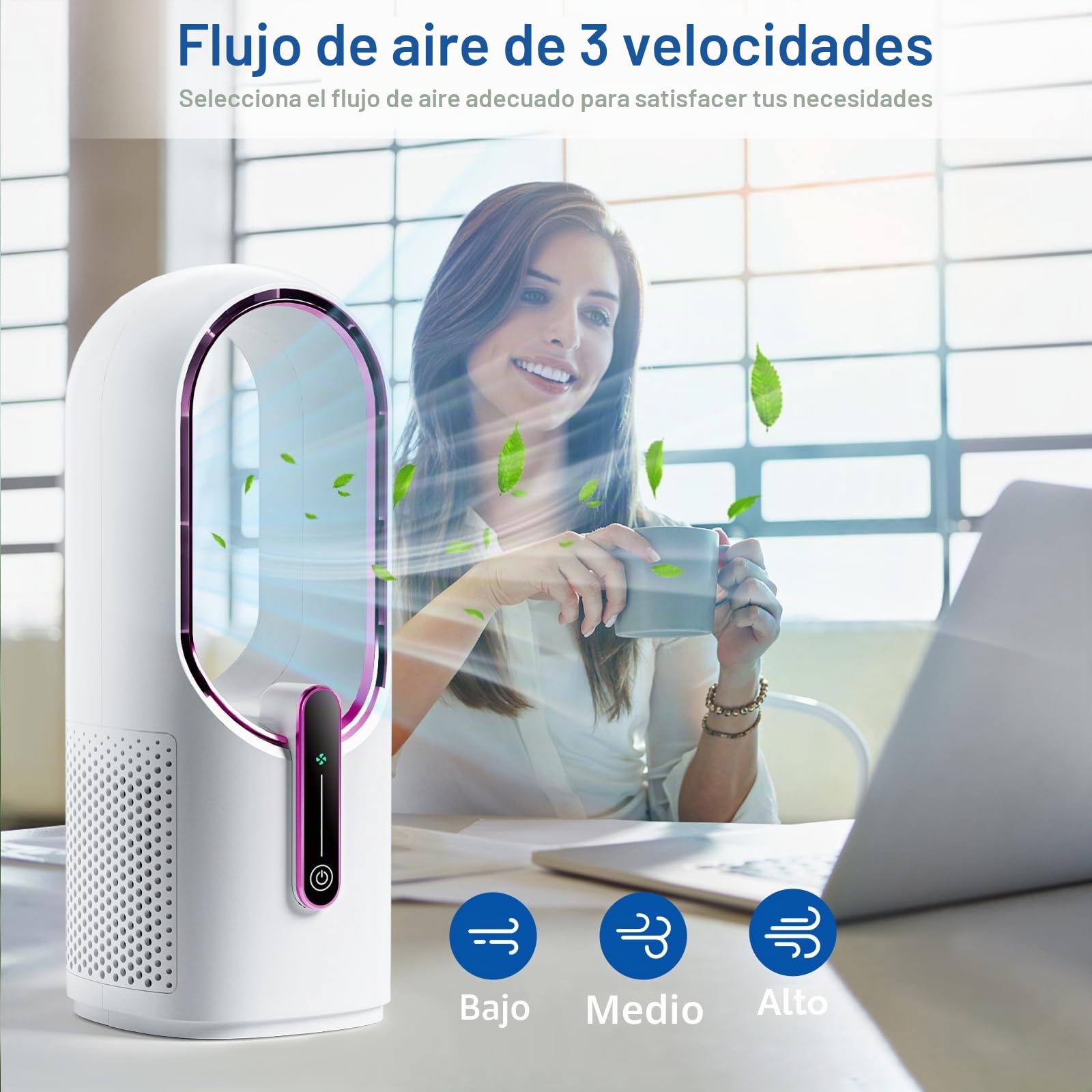 KONSIDEN Ventilador de escritorio sin aspas, pequeño ventilador recargable de 11.8 pulgadas, ventilador de oficina silencioso, 3 velocidades, control táctil, fácil de limpiar, ventilador de escritorio