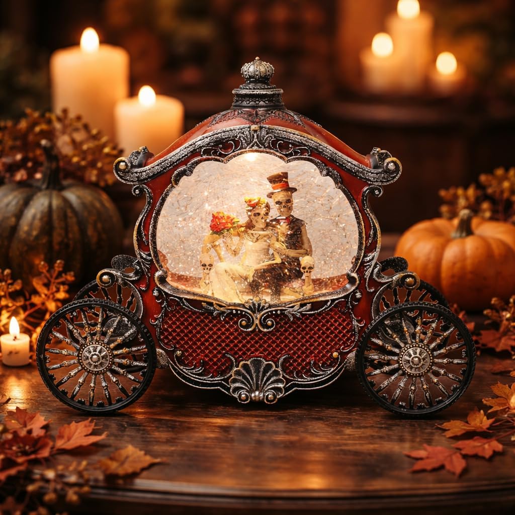 Midnight Manor Acrylic Water Globe Halloween Wedding Carriage LED Lighted Water Glittering Snow Globe Lamp for Spooky Fall Halloween Indoor Decoration