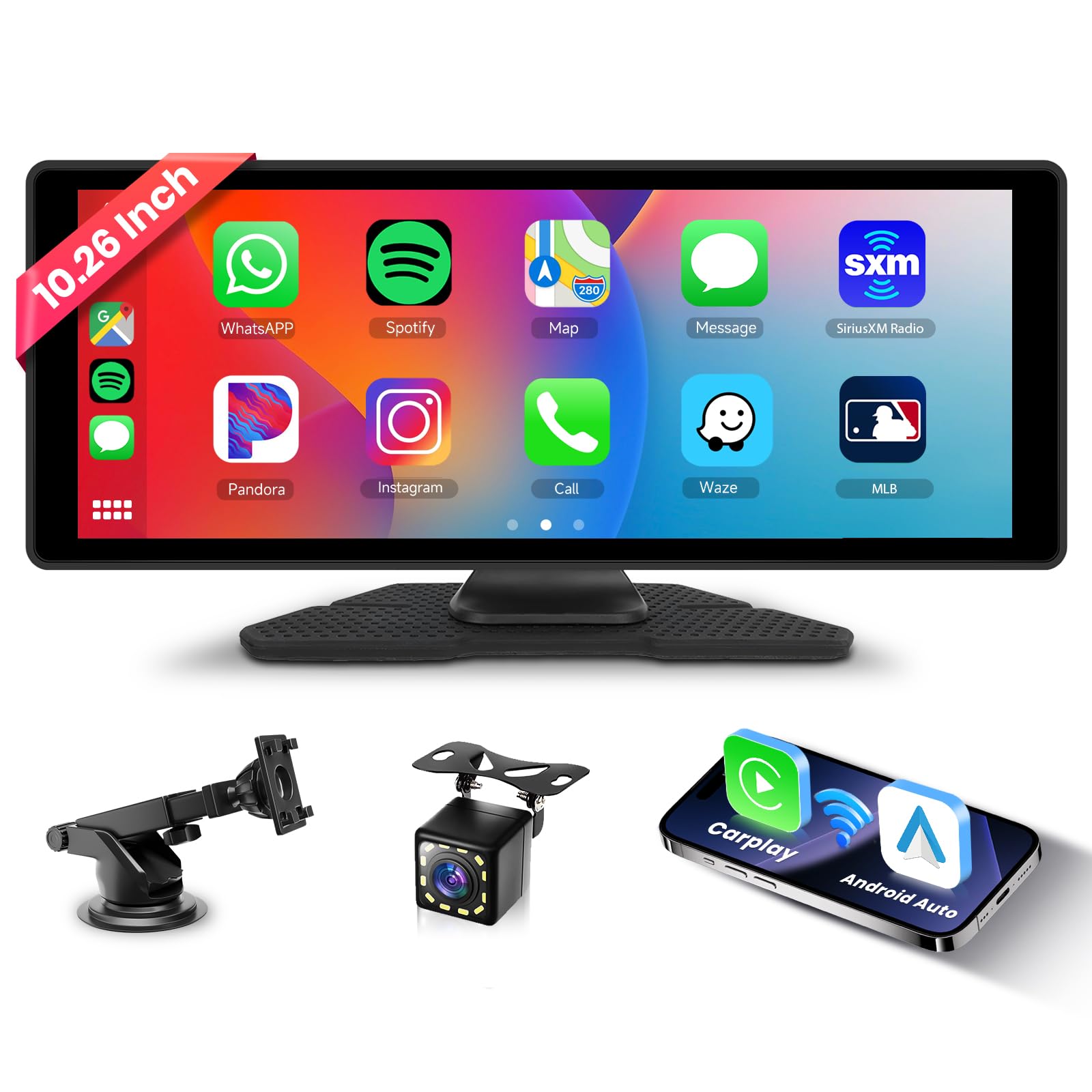 CarPlay e Android Auto Senza Fili, Hodozzy 10,26 Pollici Stereo Auto Portatile Bluetooth con IPS Schermo, Carplay Schermo con Mirror Link/Controllo Vocale/AUX/USB+Telecamera Retromarcia