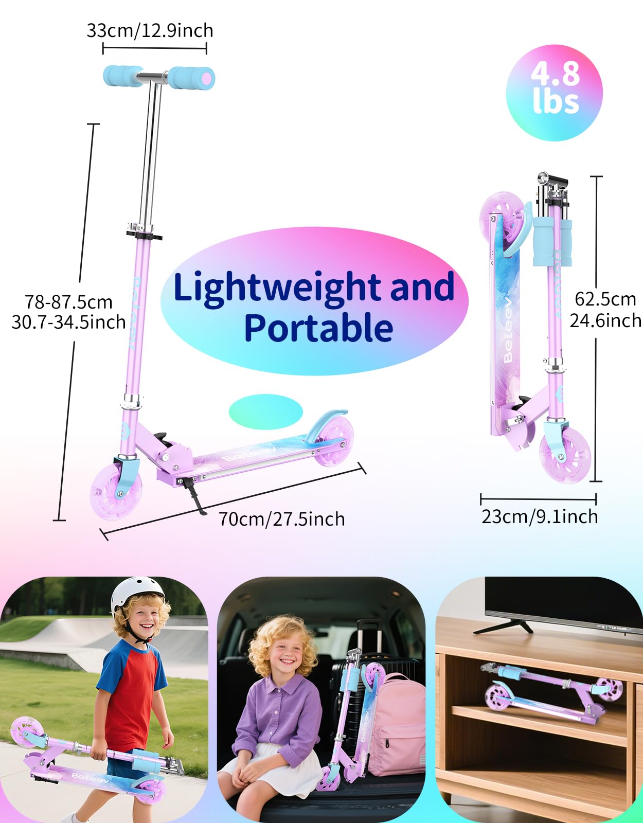 BELEEV V1Plus Patinete Niño Niña 3-12 Años, Plegable Patinete Infantil | con LED Luce Ruedas & Deck, 3 Altura Ajustable, Soportes, Cubierta Antideslizante, Ligero Marco Resistente, Scooter for Kid