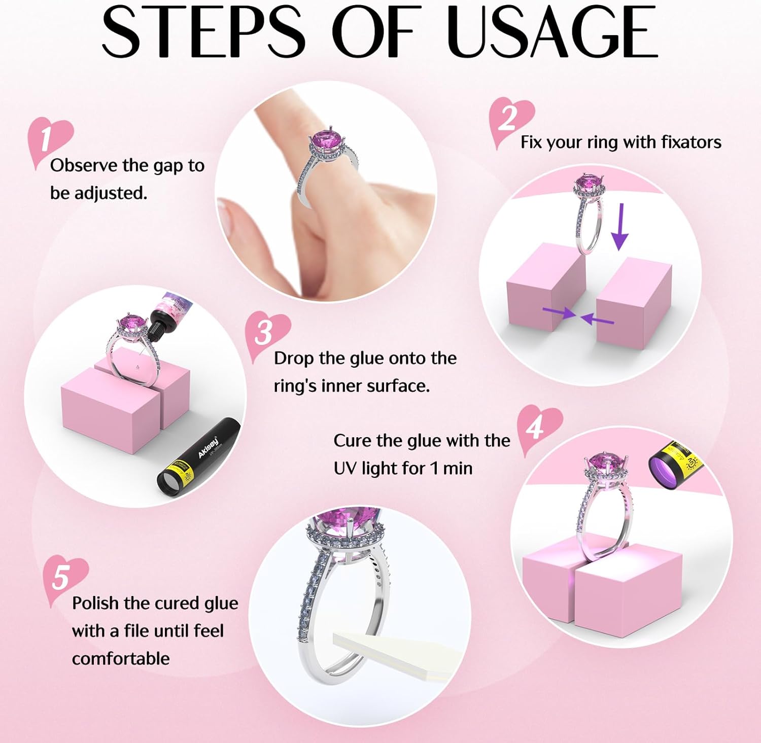 Ring Sizers for Loose Rings, Ring Size Adjuster Kit for Women, Rings Guards Kit with UV Light & 10g Glue, Fixators - Ideal for Valentine's Day Gift, Fit Any Size, Easy to Apply & Remove thumbnail