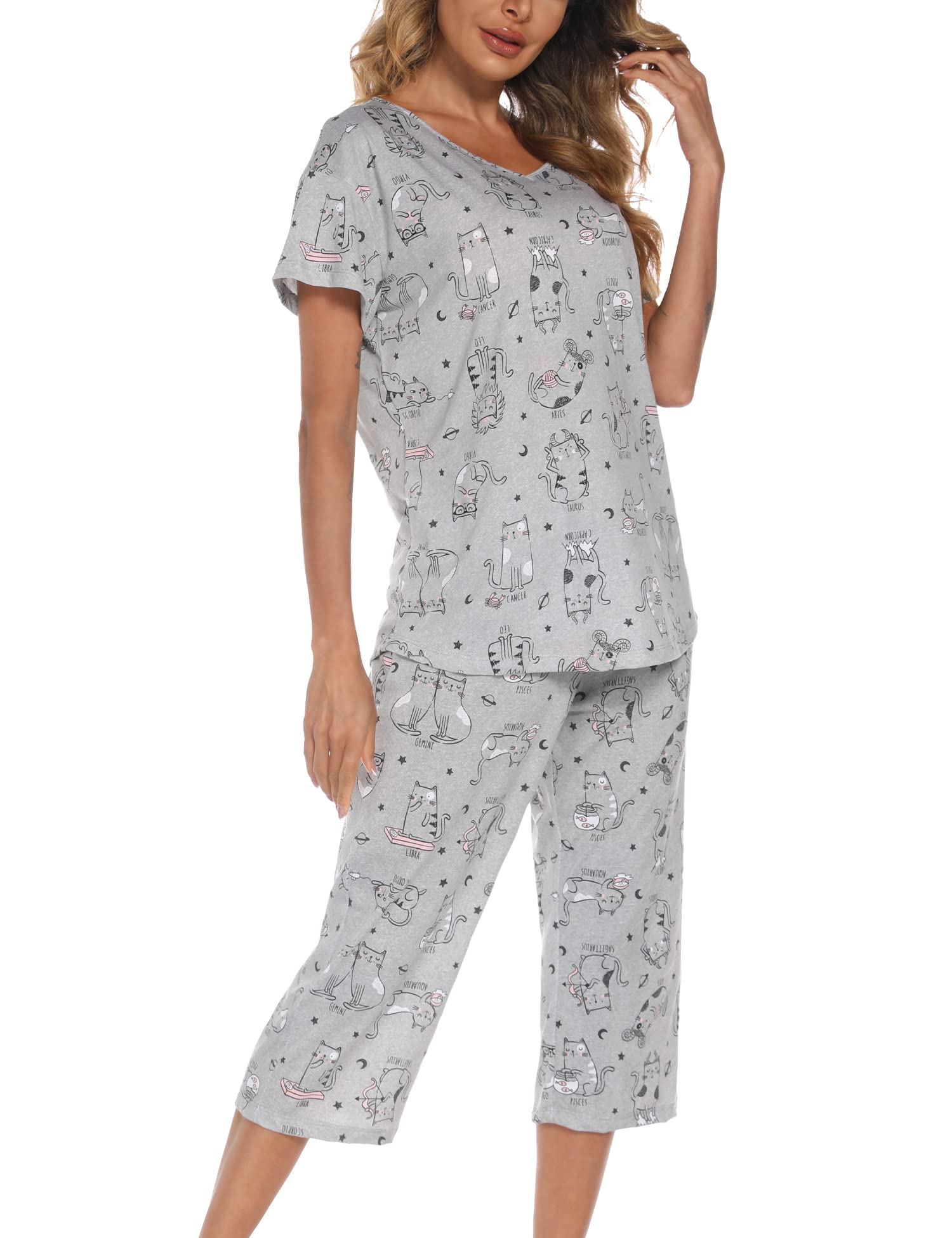 Women's Short Pyjama Set, Short Sleeve Top with 3/4 Length Pyjama Bottoms, Two-Piece Sleepwear, S-3XL