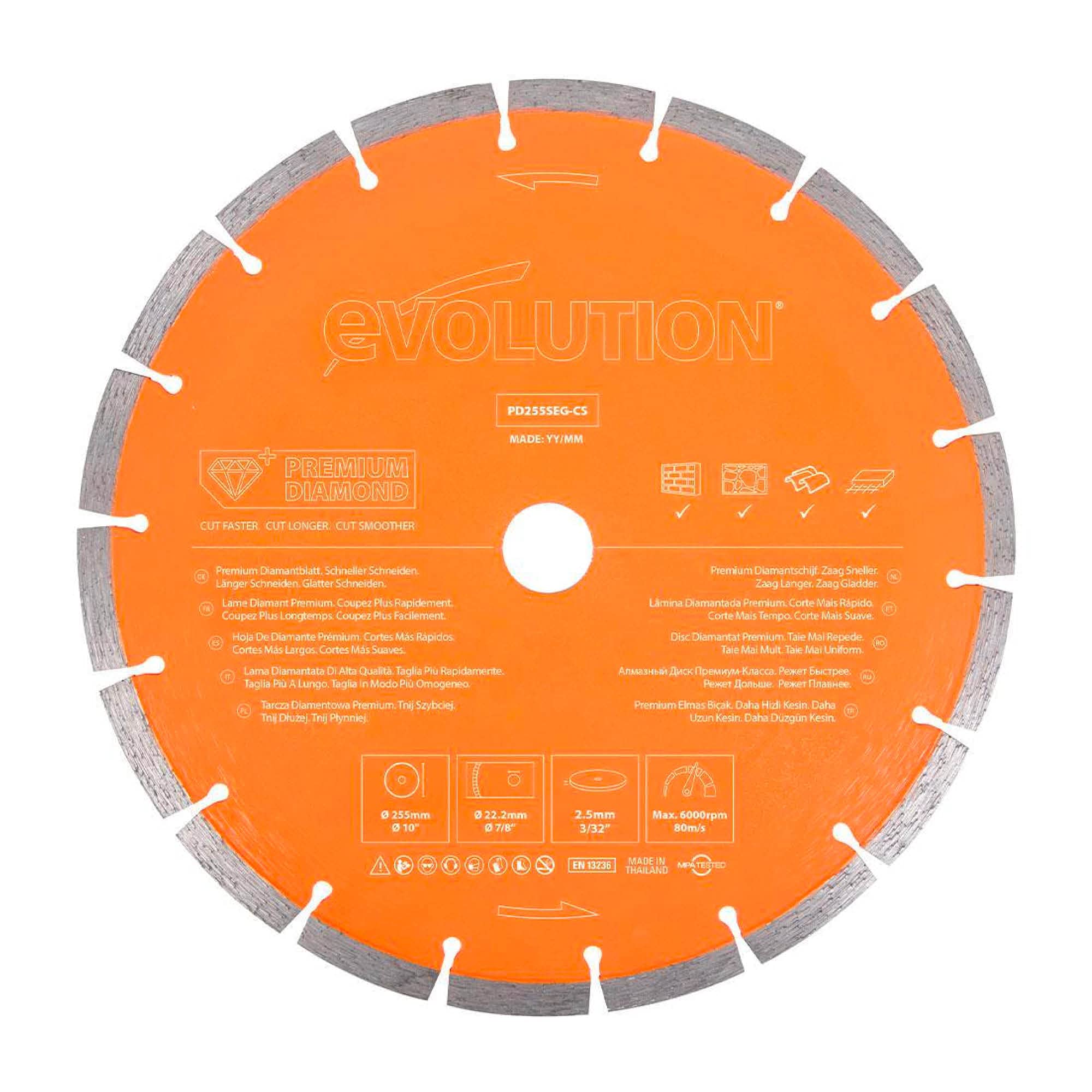 Evolution - Lame diamantée multi-matériaux de qualité supérieure de 255 mm pour coupe-disques - Idéal pour couper la brique, la tuile de toit, le pavage, le béton armé et plus