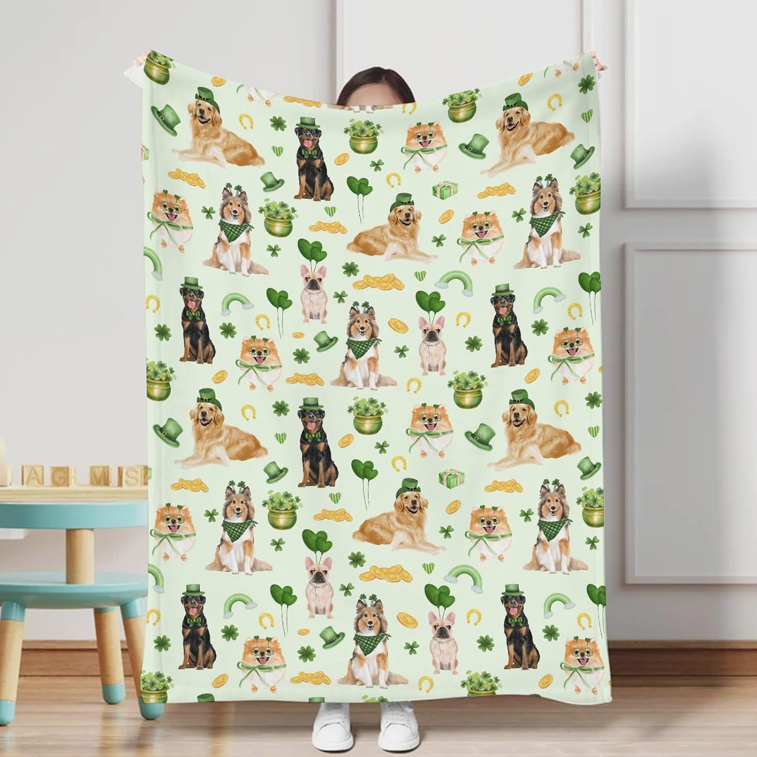 St. Patrick's Day Dogs Lucky Clovers Baby Blanket for Boy Girl Irish Shamrock Leaf Coins Rainbow Flannel Receiving Blankets Soft Swaddle Blankets Toddler Nursery Bed Blankets Stroller Crib 50x60