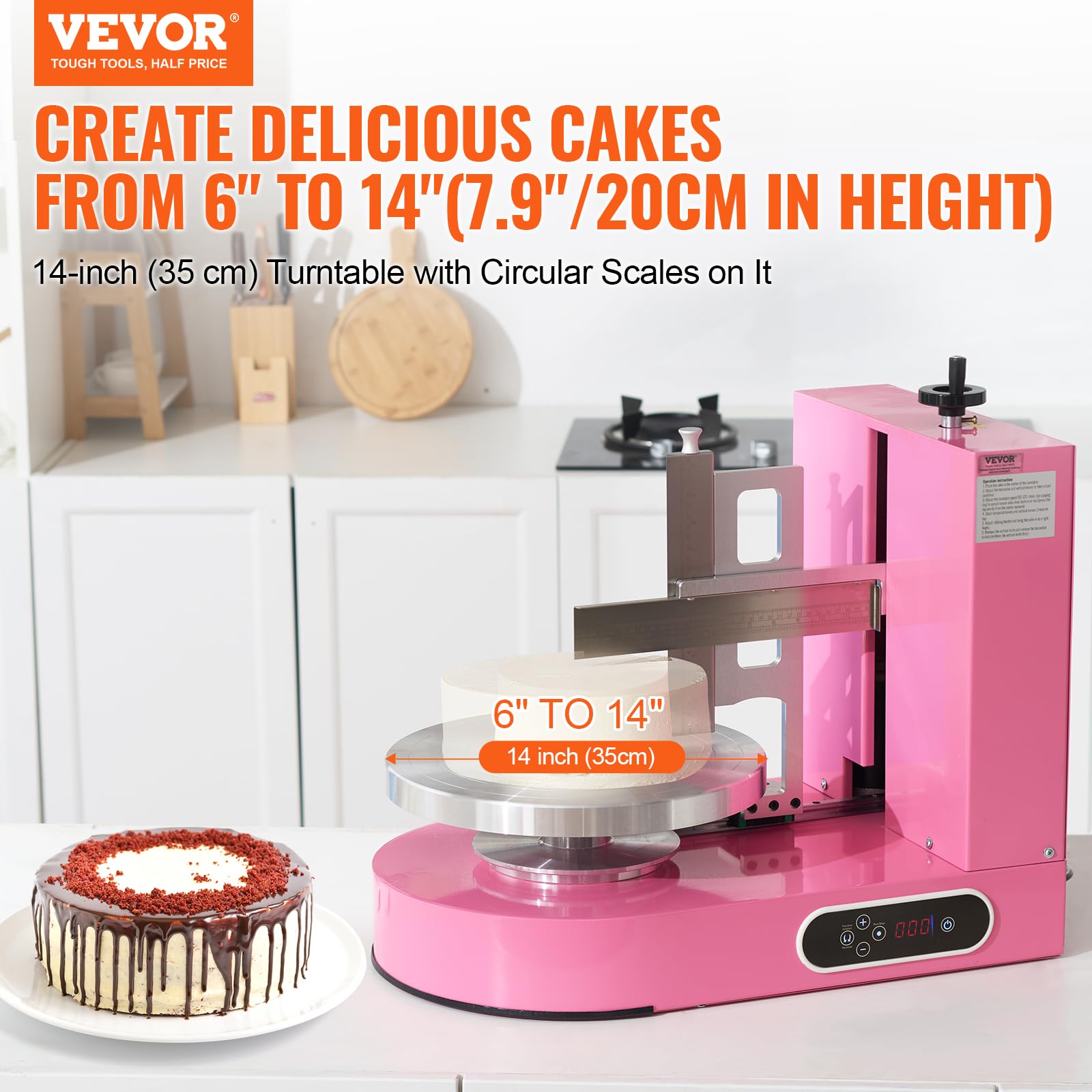 VEVOR Machine à Glacer les Gâteaux 6-14 pouces, Machine à Lisser Crème à Faible Bruit, Plateau Tournant avec Grattoir Réglable, Vitesse de Rotation de 25 à 320 tr/min, Lisseur pour Pâtisserie, Rose