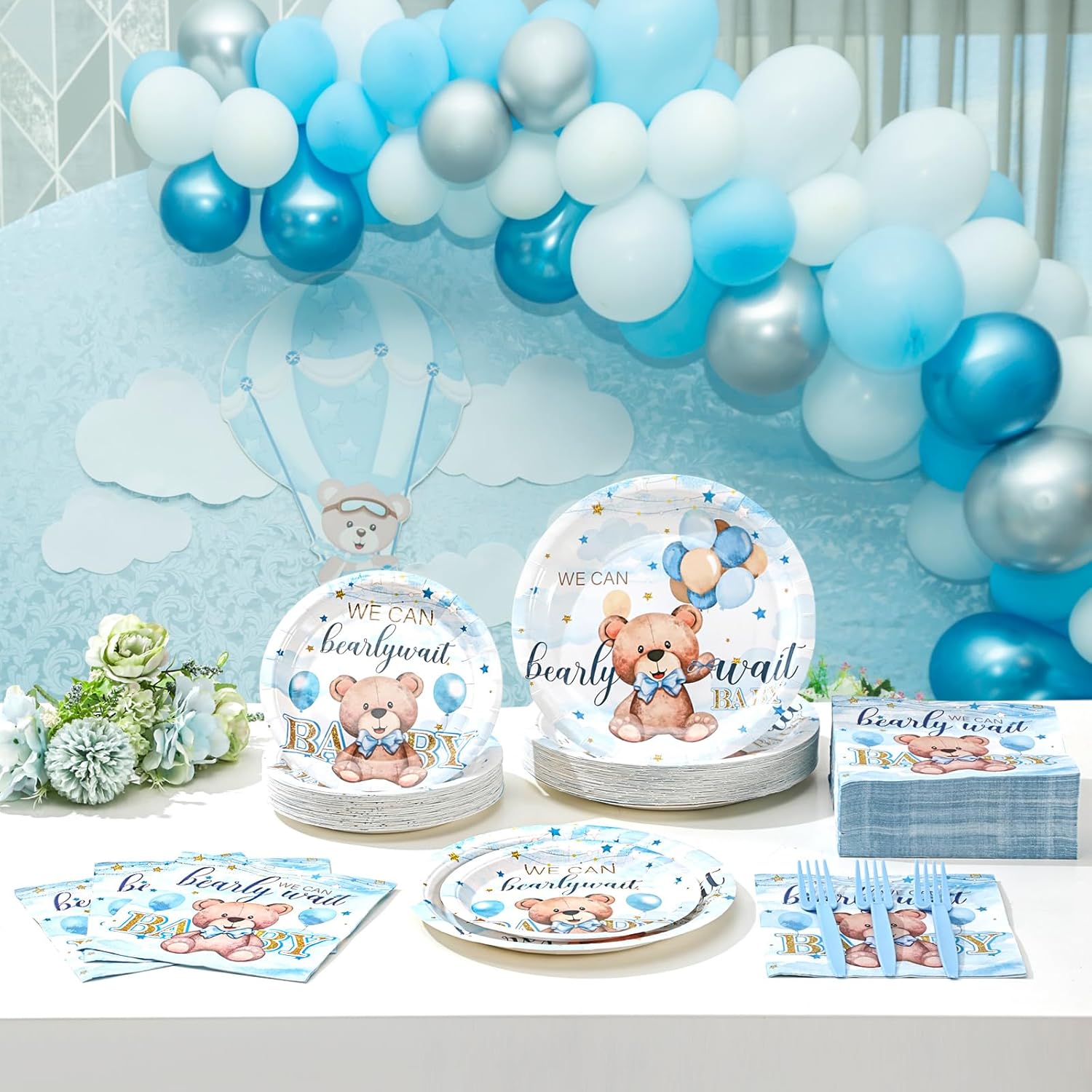 Havawish 250 Pcs Blue Bear Baby Shower Plates and Napkins Decoration We Can Bearly Wait Party Supplies Tableware Set Severs 50 Disposable Plates for Baby Boy Gender Reveal Party Supplies