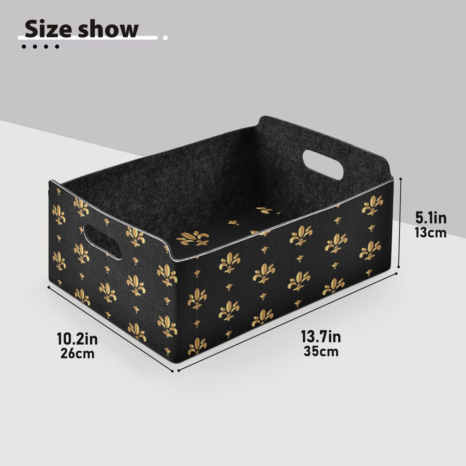 Oyihfvs Golden Black Fleur De Lis Rectangle Foldable Felt Storage Bin, Collapsible Cube with Handles Thick Fabric Box Organizer Clothes Supplies for Home Bedroom