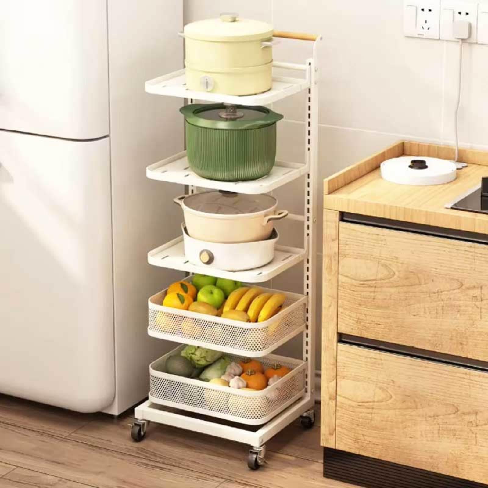 Tapa para ahorrar espacio para cocina, 3 tablas y 1 cesta con ruedas, armario para microondas, color blanco, perfecto para ollas y sartenes