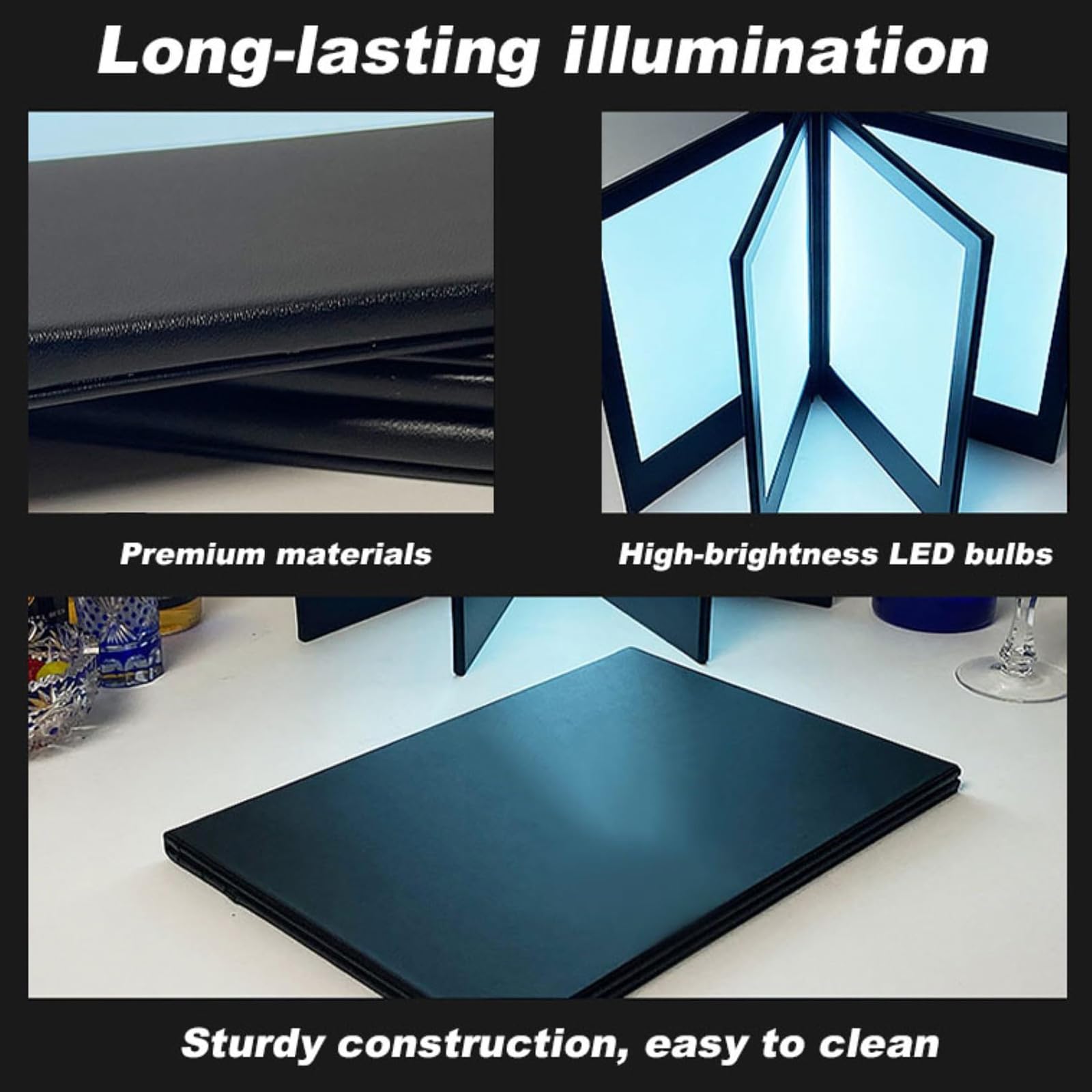 Cubiertas de Menú Luminosa A4/A5, Libro de Menú con Luz LED Recargable, Soporte de Exhibición Iluminado Plegable de Tres Paneles y Cuatro Lados, Textura de Cuero, Expositor para Bares de Restauran A4