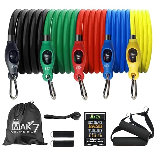 Heavyduty Latex [150] Resistance Bands Set with Handles | 11 Piece Set Band | 5 Colour-Coded Resistance Band for Workout | with D- Anchor, Ankle Straps, Bag | Strength Training Fitness Band100% Latex