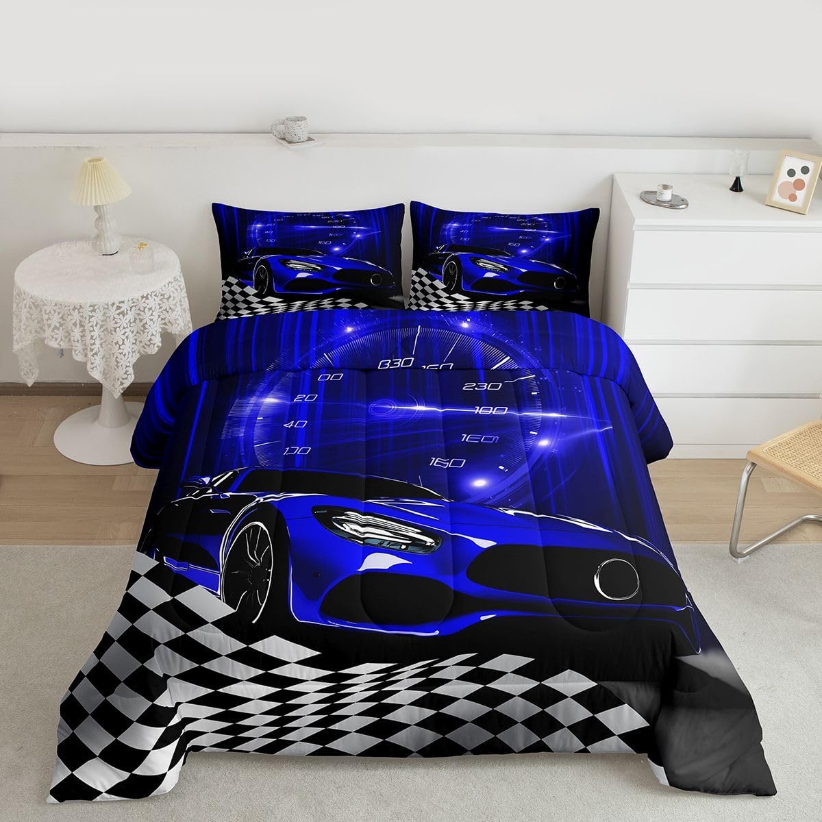 Erosebridal Blue Race Car Comforter Set for Youth Boys,Glitter Ombre Line Art Bedding Set Neon Light Sports Car Dashboard Quilt Twin,Black and White Grid Lattice Buffalo Plaid Decor