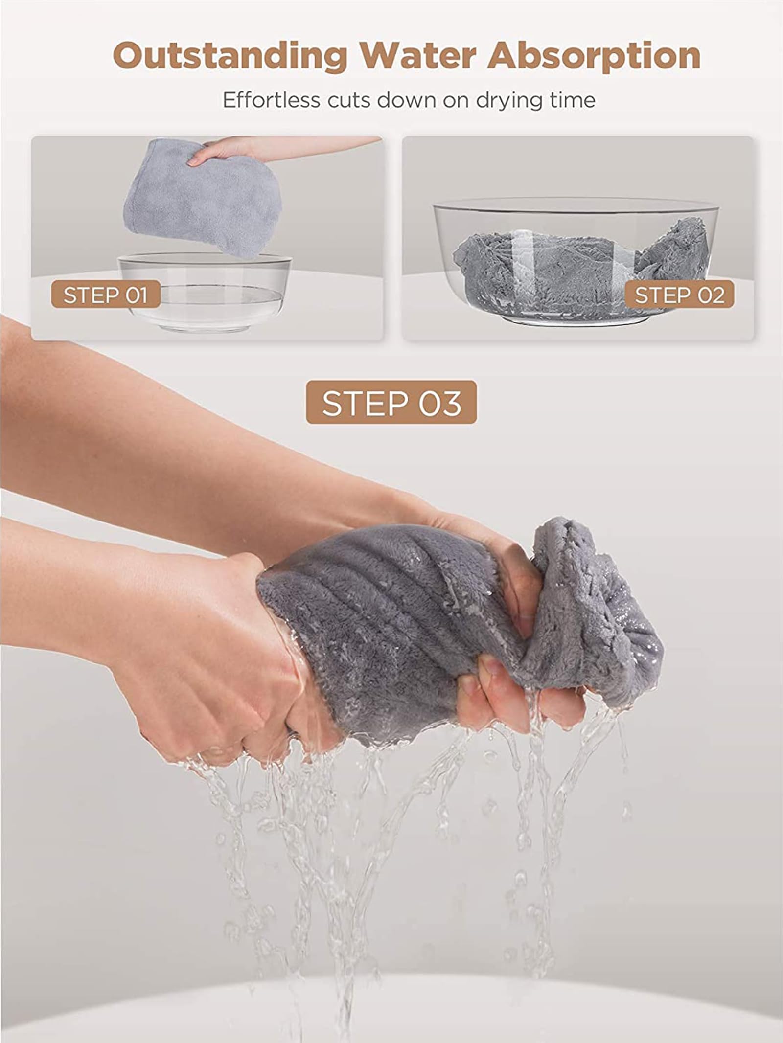 KU 3 Pezzi Asciugamano Microfibra, Turbante Asciugacapelli, Super Assorbente ad Asciugatura Rapida, Cura dei Capelli，Ideale per Donne&Bambini Capelli Lunghi, Corti, Ricci (Grigio Rosa Blu)