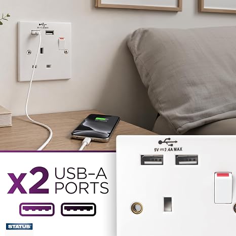 STATUS Plug Socket UK | Single Socket with Double USB Plug | White Plastic | 13A Single Switched Wall Socket | S1G13A2USBSWS4