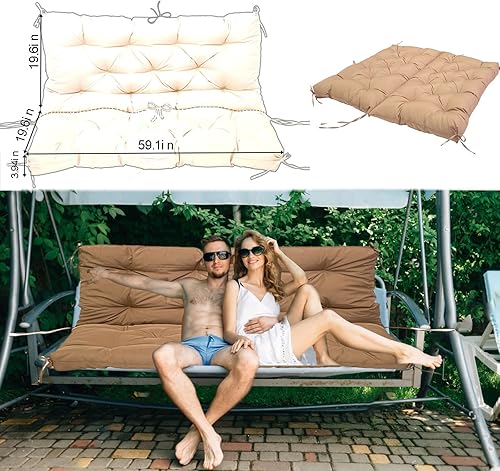 Miniatura 5 de Mrzneaoch Cojín de columpio de porche con respaldo y lazos, cojín de columpio de 3 asientos, cojín grueso de 4 pulgadas para columpios de exterior