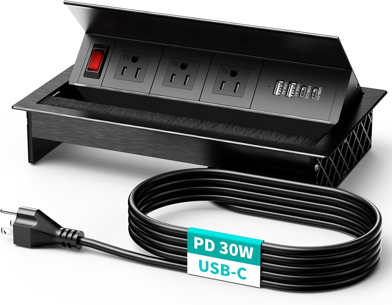 QBA Tabletop Brush Connectivity Box Outlet, Recessed Power Strip with USB-C 30W, 3 TR Outlets, 4 USB Ports, for Home Office, Silver