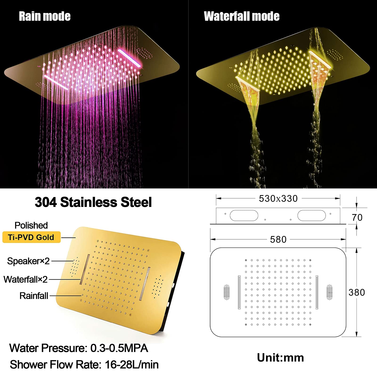 Doccia Musica termostatica Set di rubinetti per Doccia 64 Colori Combo Doccia a LED Set Kit di Rivestimento per Doccia in Oro PVD con 2 funzioni Shower Head, spruzzatore Portatile, 4 getti per Il