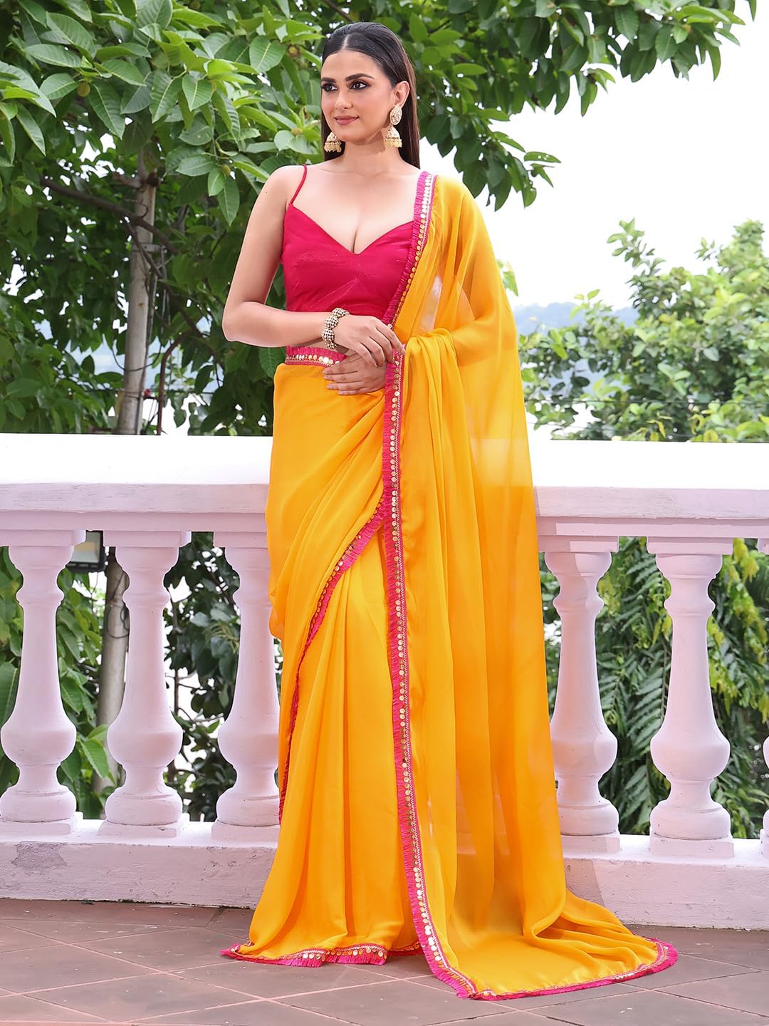 Women's Sequinned Chiffon Fabric Plain Work Casual Wear Saree 16401