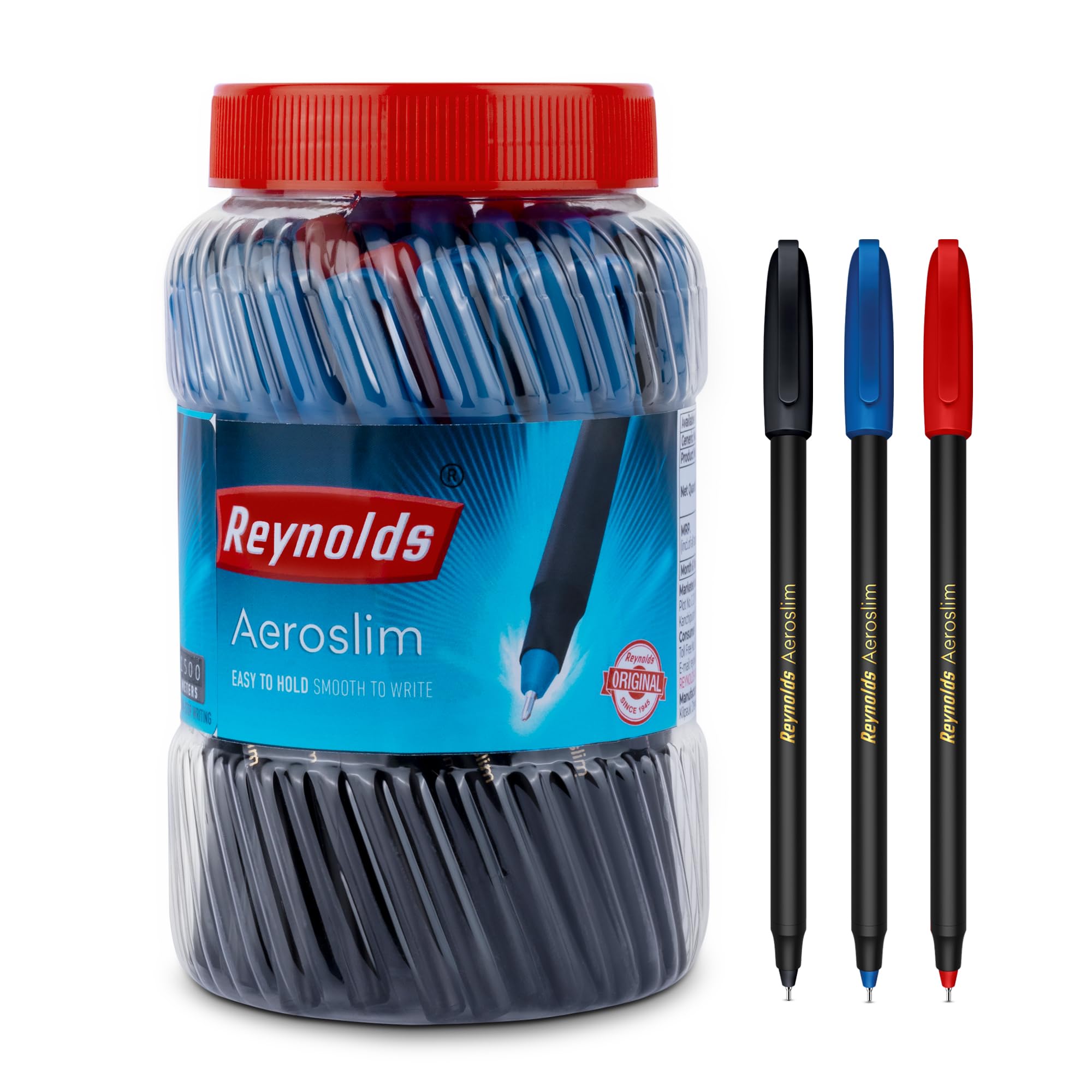 Reynolds AEROSLIM Ball Pen SET - 70 PENS (60 BLUE, 5 Black, 5 Red) | PEN WITH COMFORTABLE GRIP |BALL PENS FOR WRITING | PEN FOR STUDENTS & OFFICE STATIONERY | 0.7 mm TIP SIZE