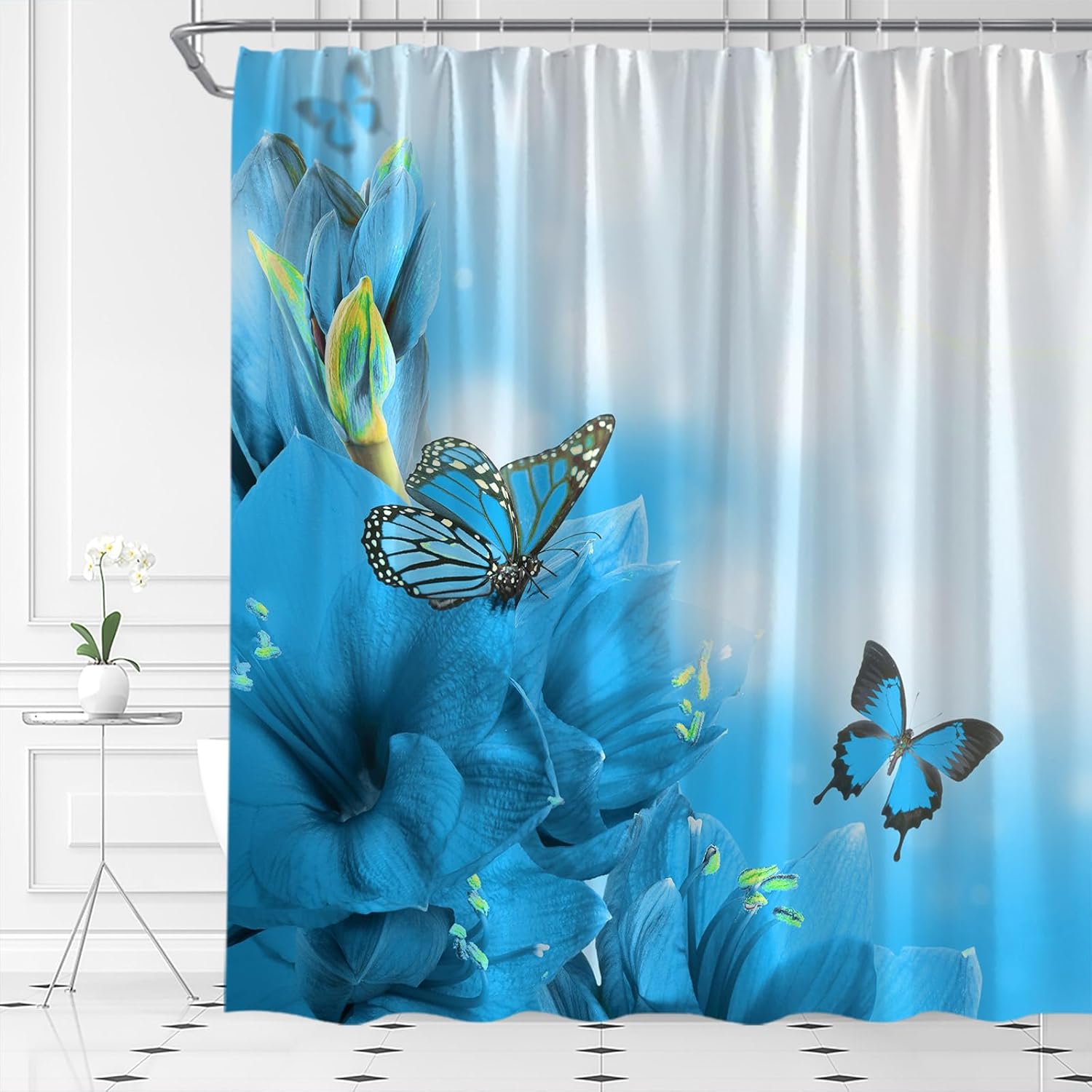 Blue Shower Curtain Flower Butterfly Rustic Floral Lily Spring Nature Scene Bright Bathroom Curtain Fabric with Hooks(70" Wx84 H)