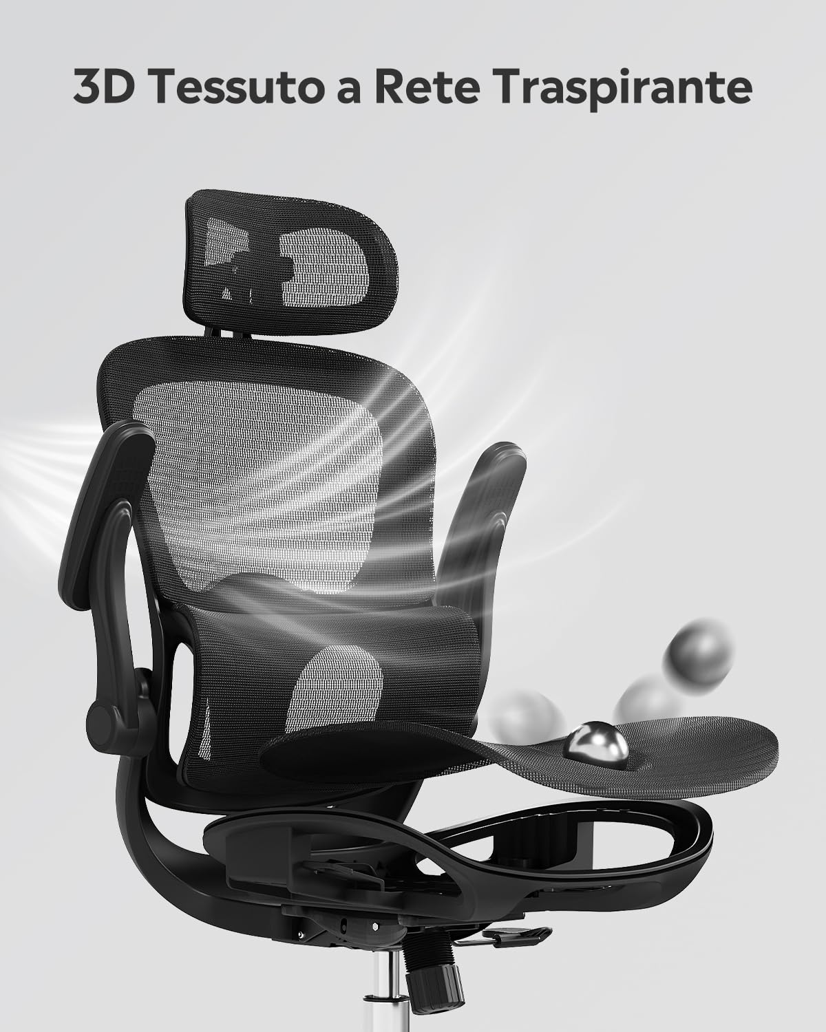 DEVAISE Sedia da Ufficio Ergonomica con Schienale Traspirante a Sezioni, Poggiatesta 3D Regolabile, Braccioli Regolabili, Supporto Lombare, Funzione Dondolo, Sedia Ergonomica per Home Office, Nero