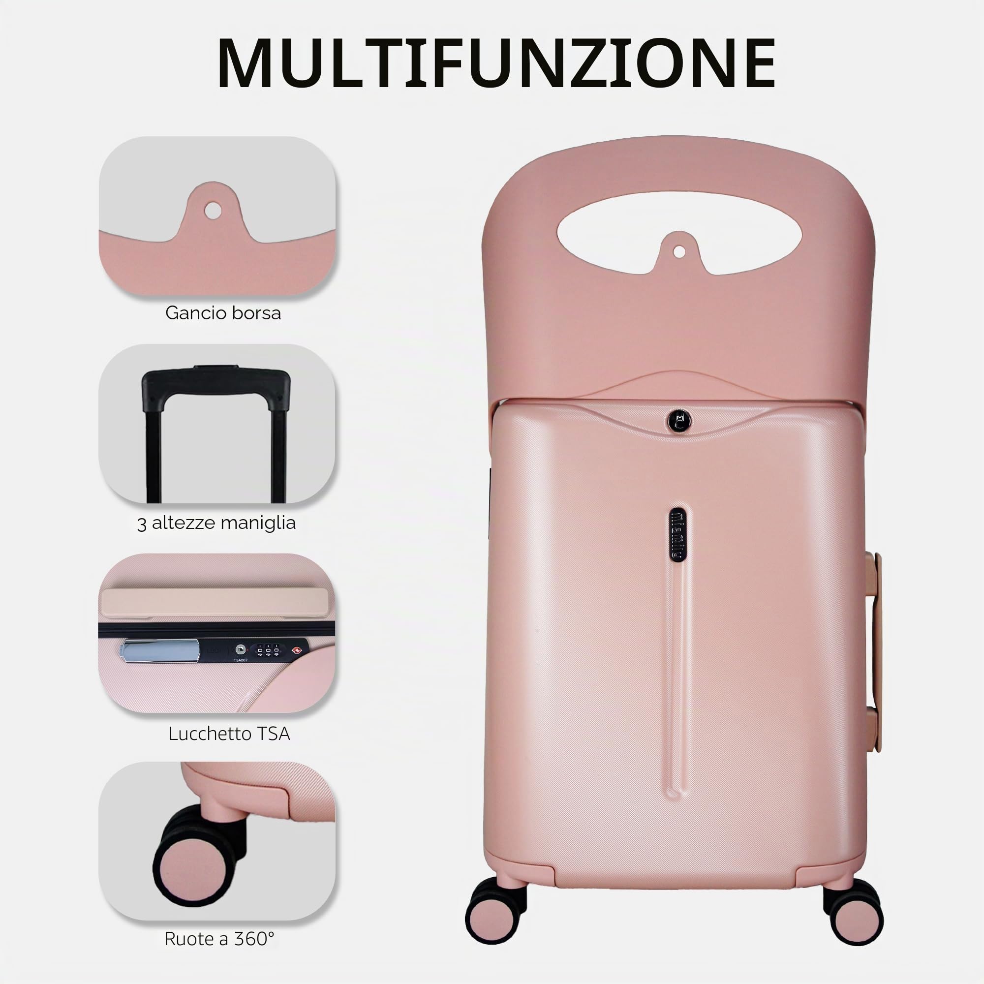 MiaMily Bagaglio a 4 ruote con sedile per bambini con cintura di sicurezza, tasca impermeabile, maniglia regolabile e corpo rigido con capacità di 43 litri